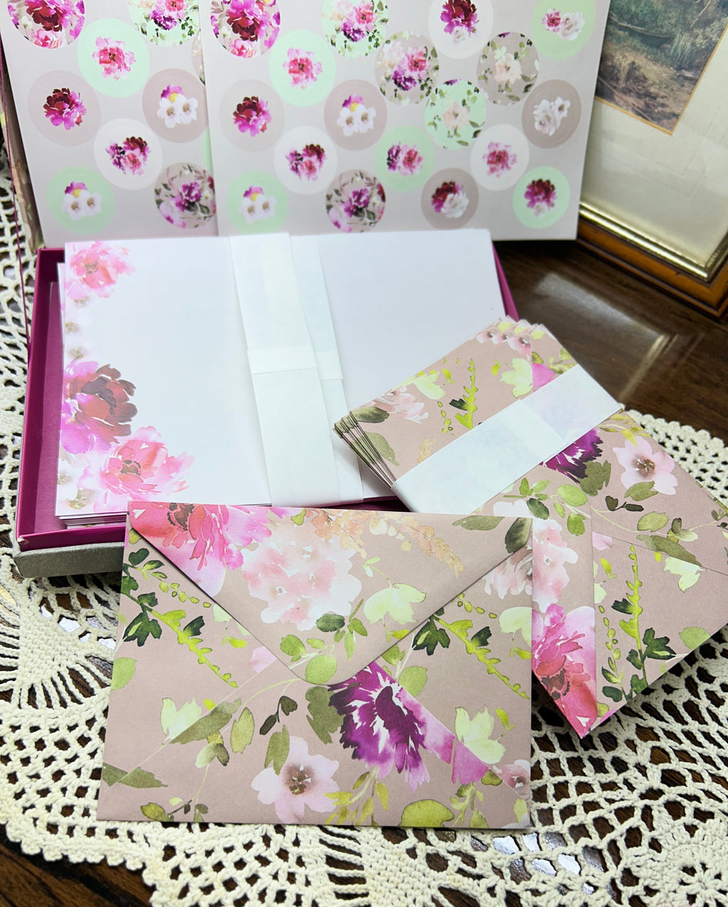 Paragon "Passion" writing set featuring a floral design on a pink background — boxed