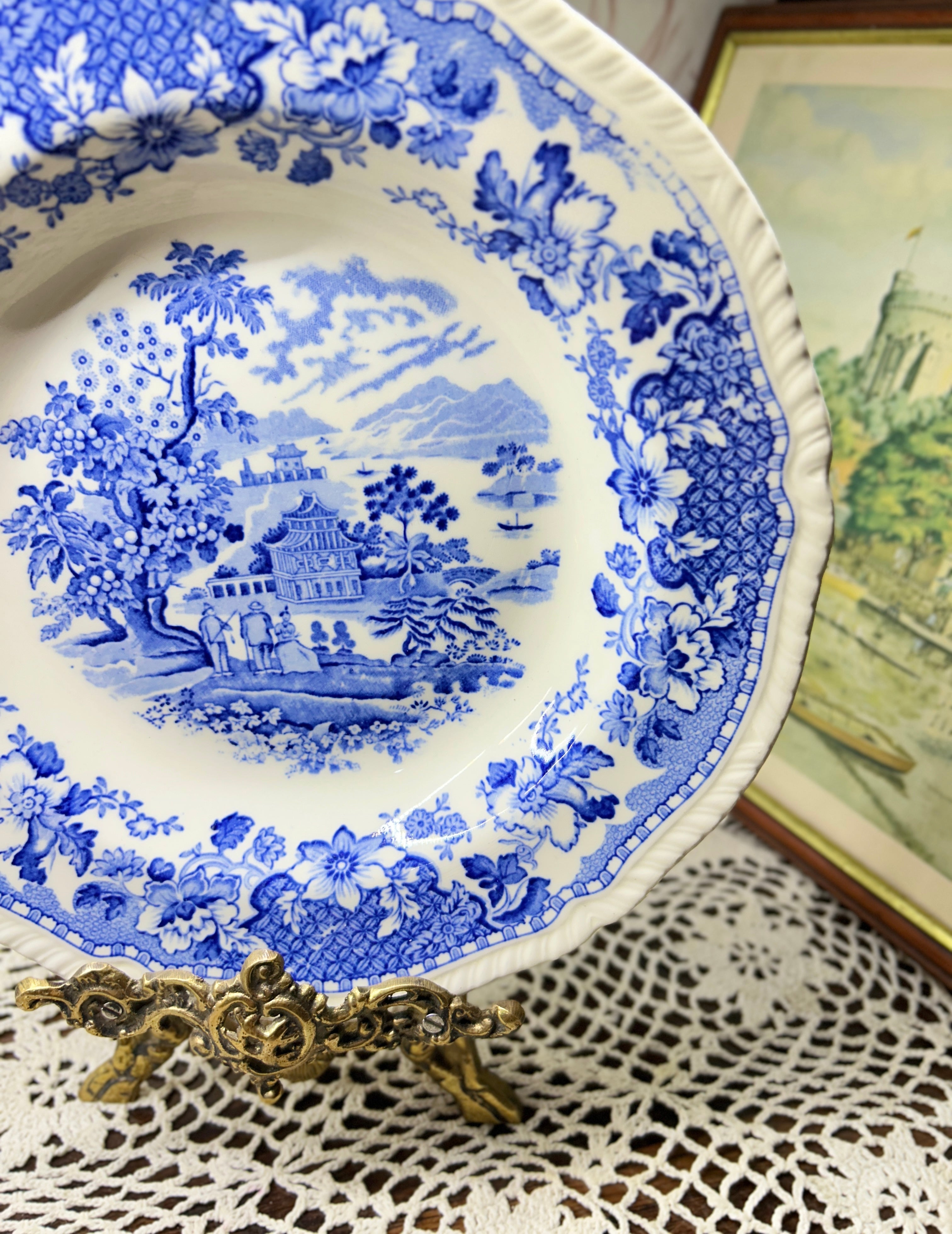 Wood & Sons Seaforth Blue and White Rimmed Soup Bowl, featuring a transferware design of oriental parks and lakes