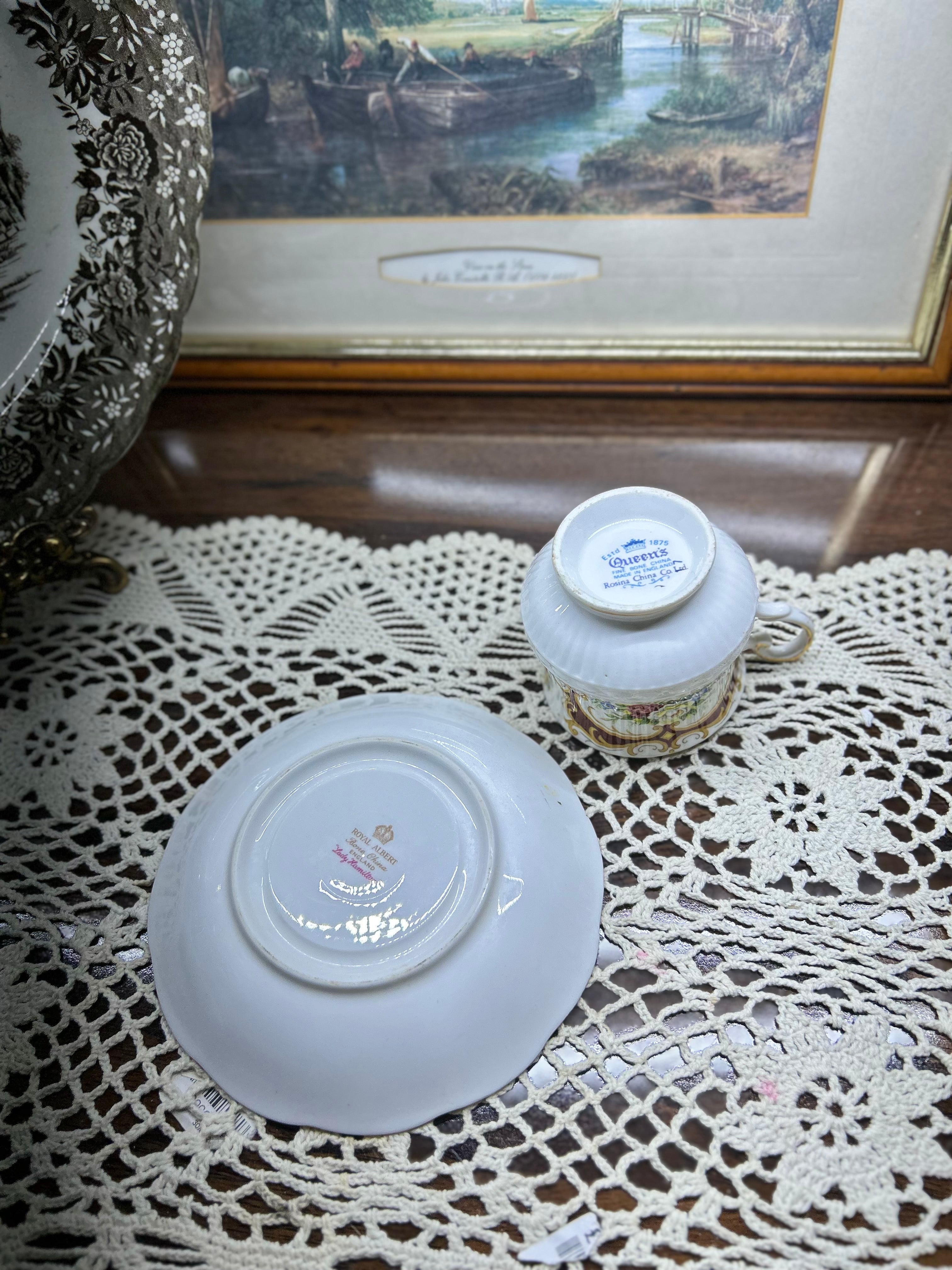 vintage Royal Albert & Queens teacup and saucer in the "Lady Hamilton" pattern — England