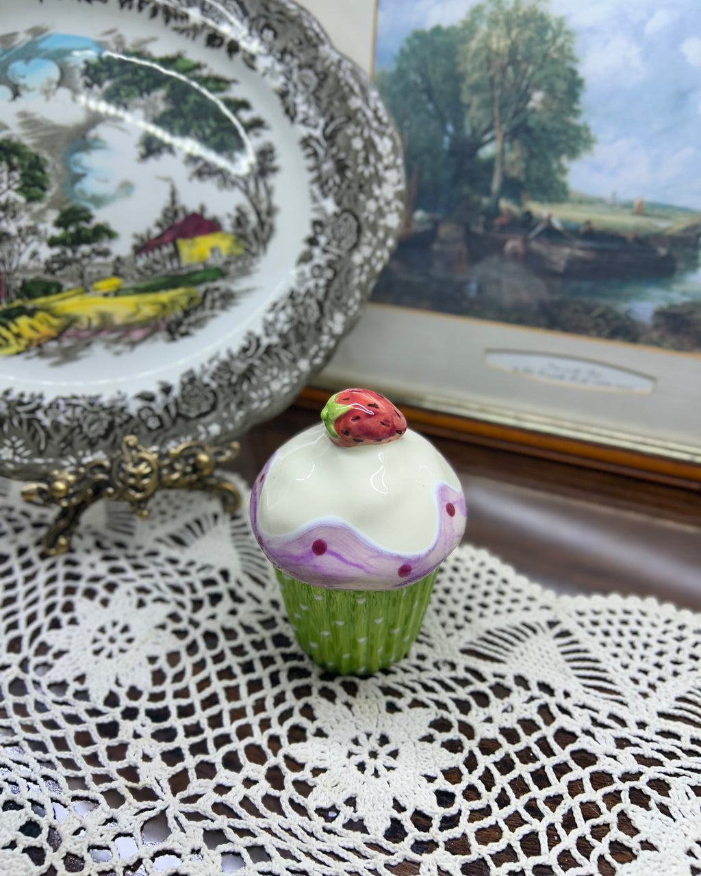 Ceramic hand-painted Strawberry cupcake trinket box