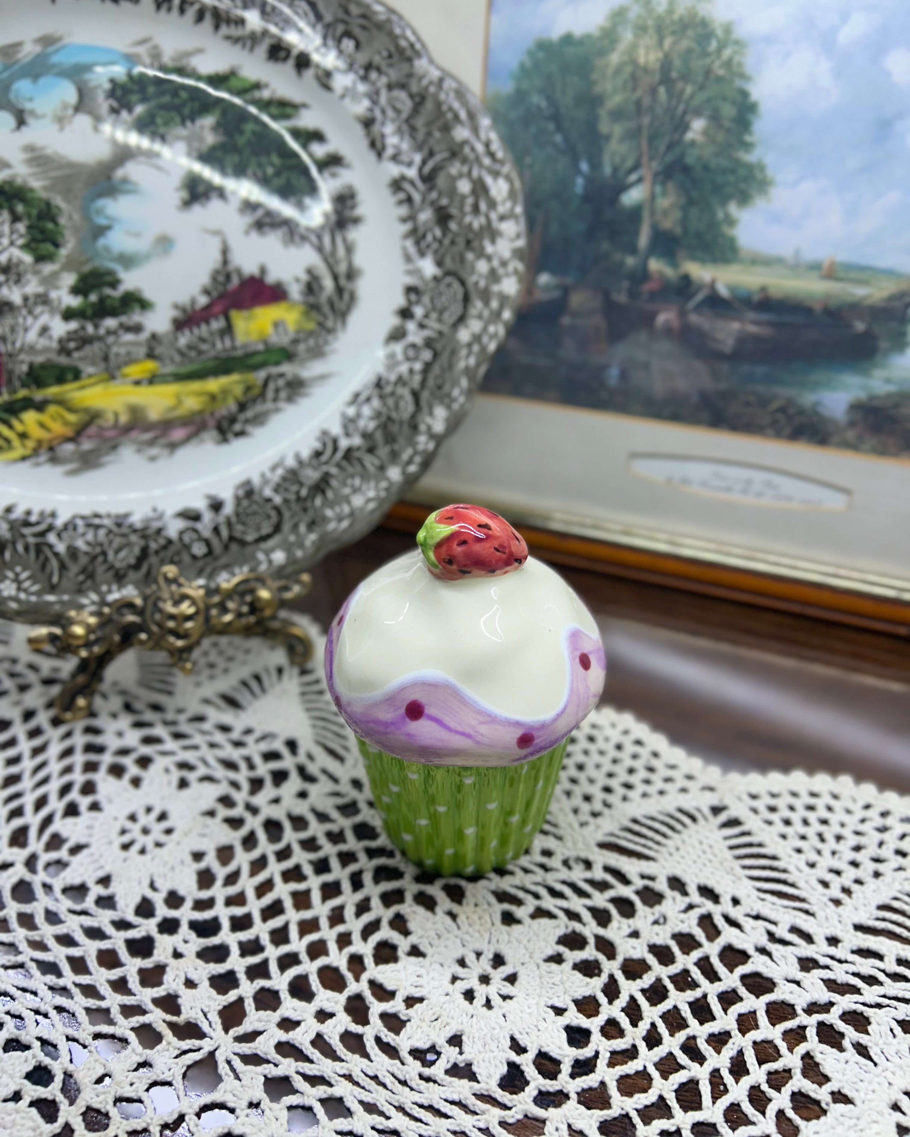 Ceramic hand-painted Strawberry cupcake trinket box