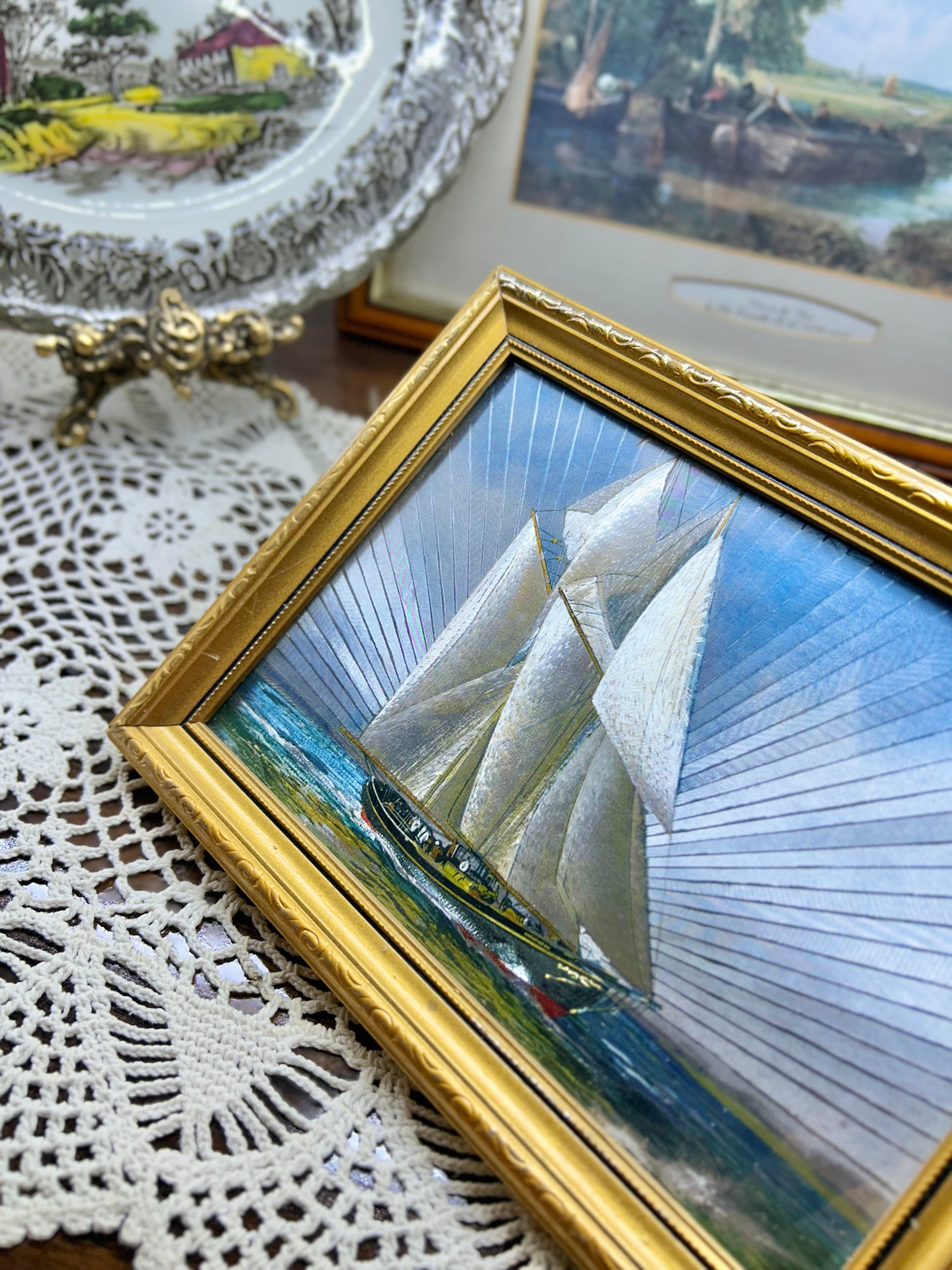 Vintage frame Dulux holographic foil art print depicting a sailing ship