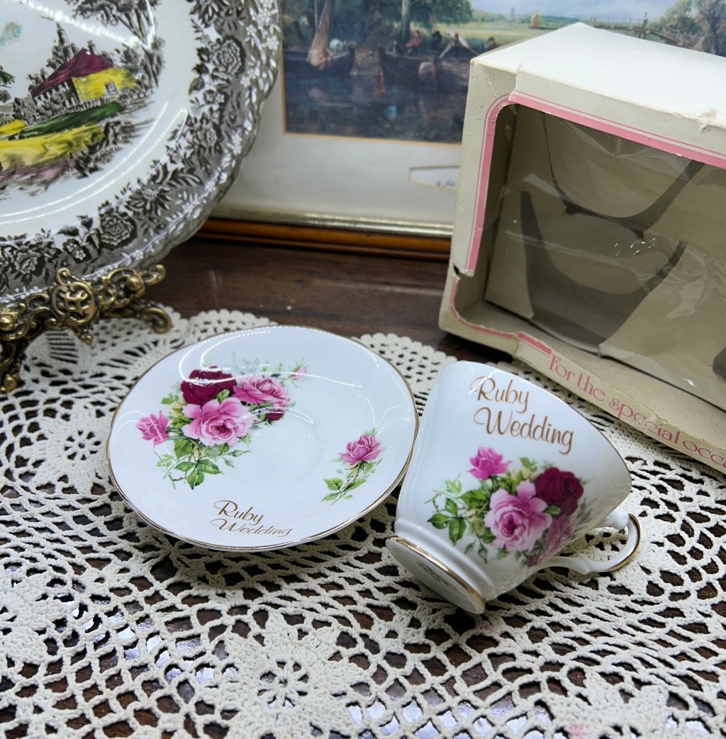 Vintage Argyle "Ruby Wedding" bone china teacup and saucer set