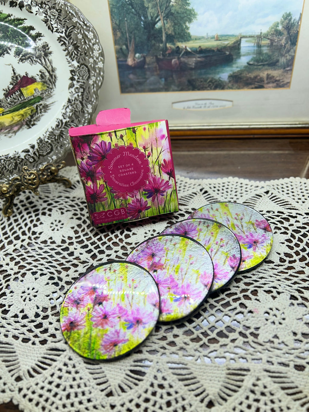 Set of 4 “Summer Meadow" decorative glass coasters by CGB.