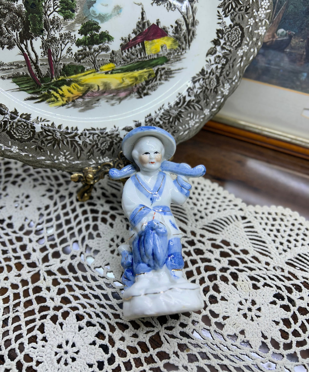 Vintage Blue and White Porcelain Chinese Fisherman figurine