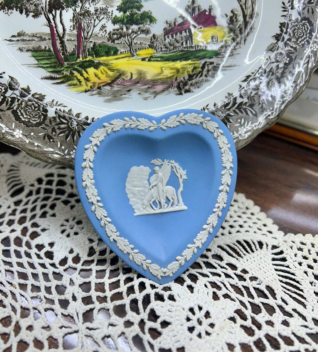 Vintage blue Wedgwood Jasperware heart-shaped trinket dish — with white classical relief figures.