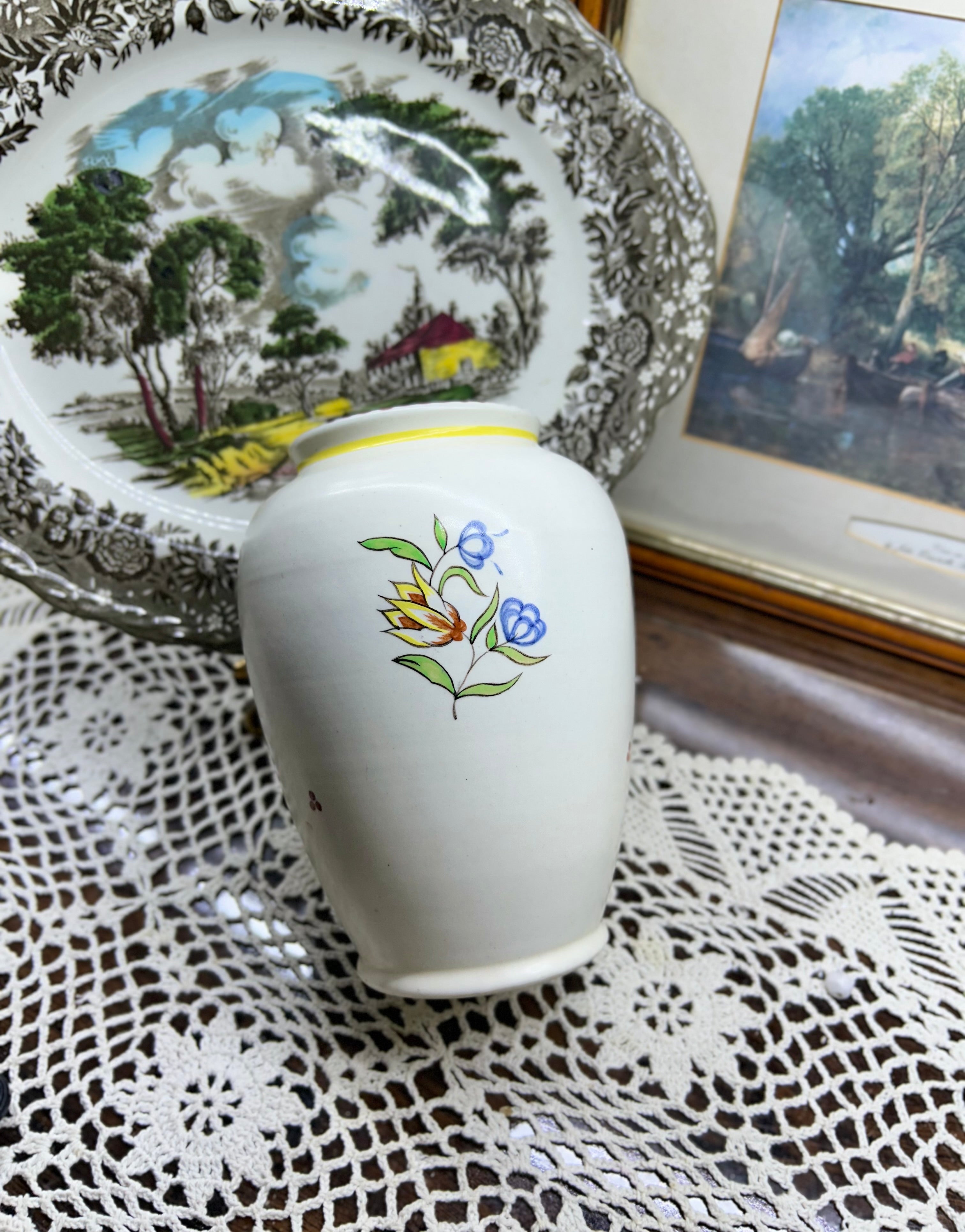 Vintage hand-painted porcelain decorative vase with a floral design — 7”