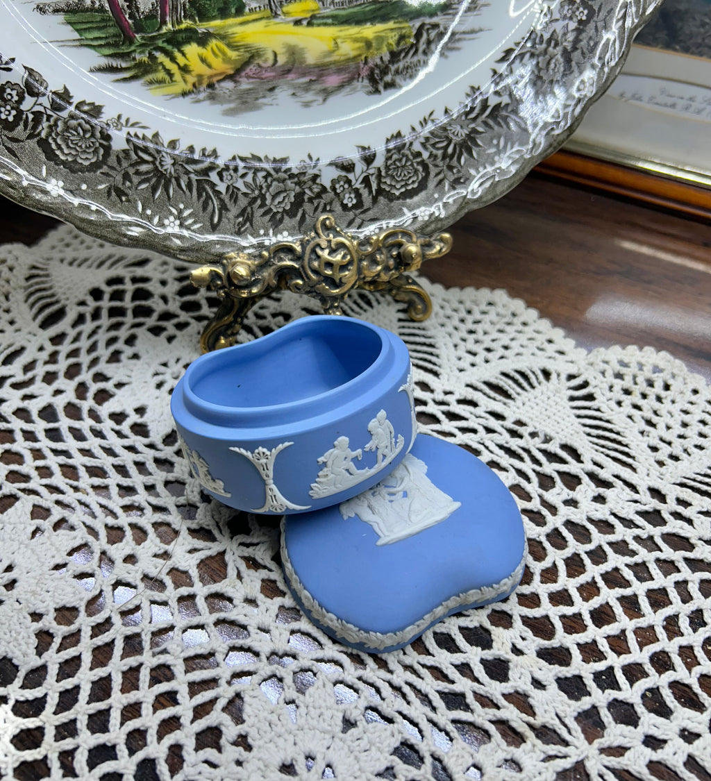 Wedgwood blue Jasperware kidney-shaped trinket box — featuring applied white neoclassical relief decorations