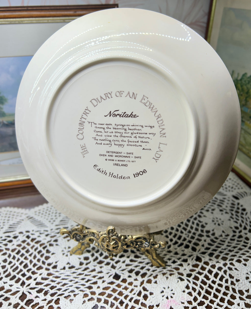 Vintage Noritake wall plate featuring a floral design from "The Country Diary of an Edwardian Lady" series 12”