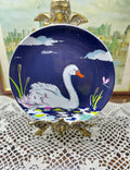 Vintage Cath Kidston swan-themed plate features a distinctive dark blue background with white clouds 7”