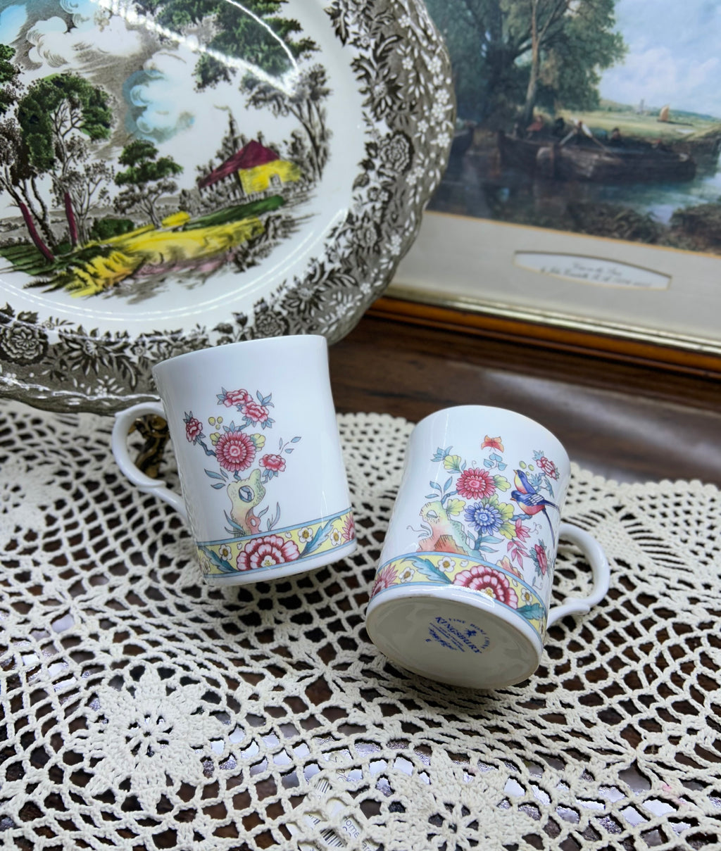 Vintage Kingsbury Fine Bone China Mugs Chinese Floral & Birds — Set of 2