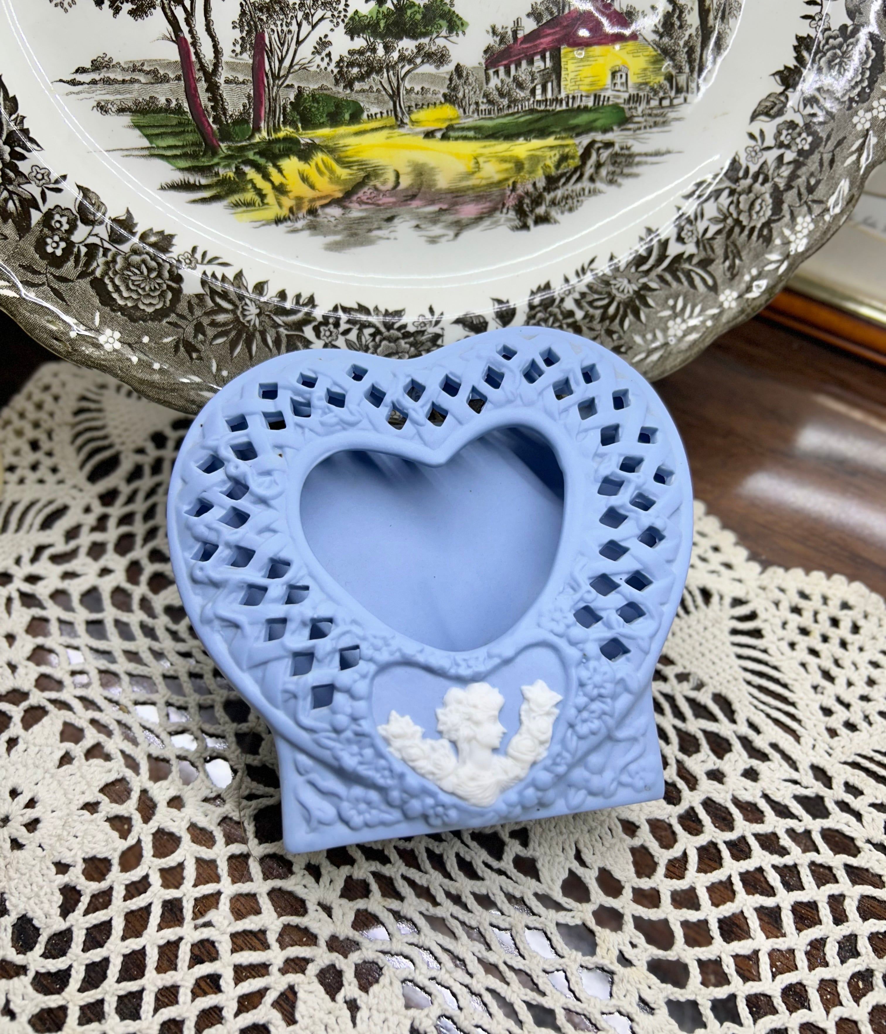 Wedgwood style cameo blue and white lady with roses heart shaped photo frame