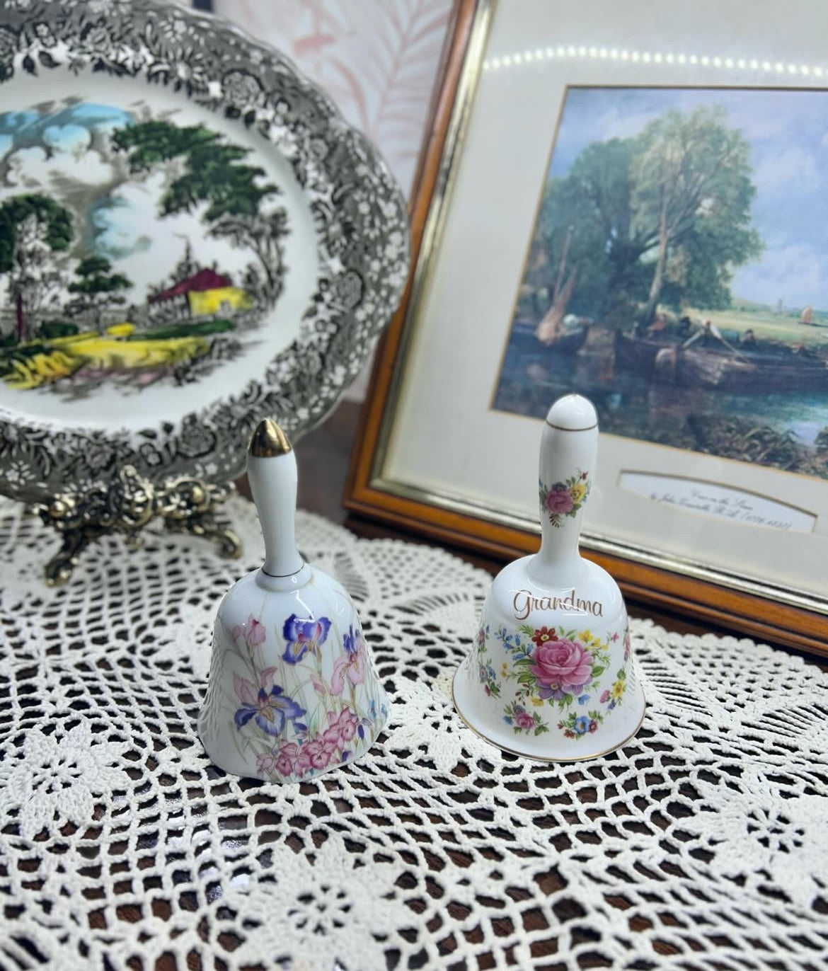 Vintage porcelain bone china collector bells with floral designs — England