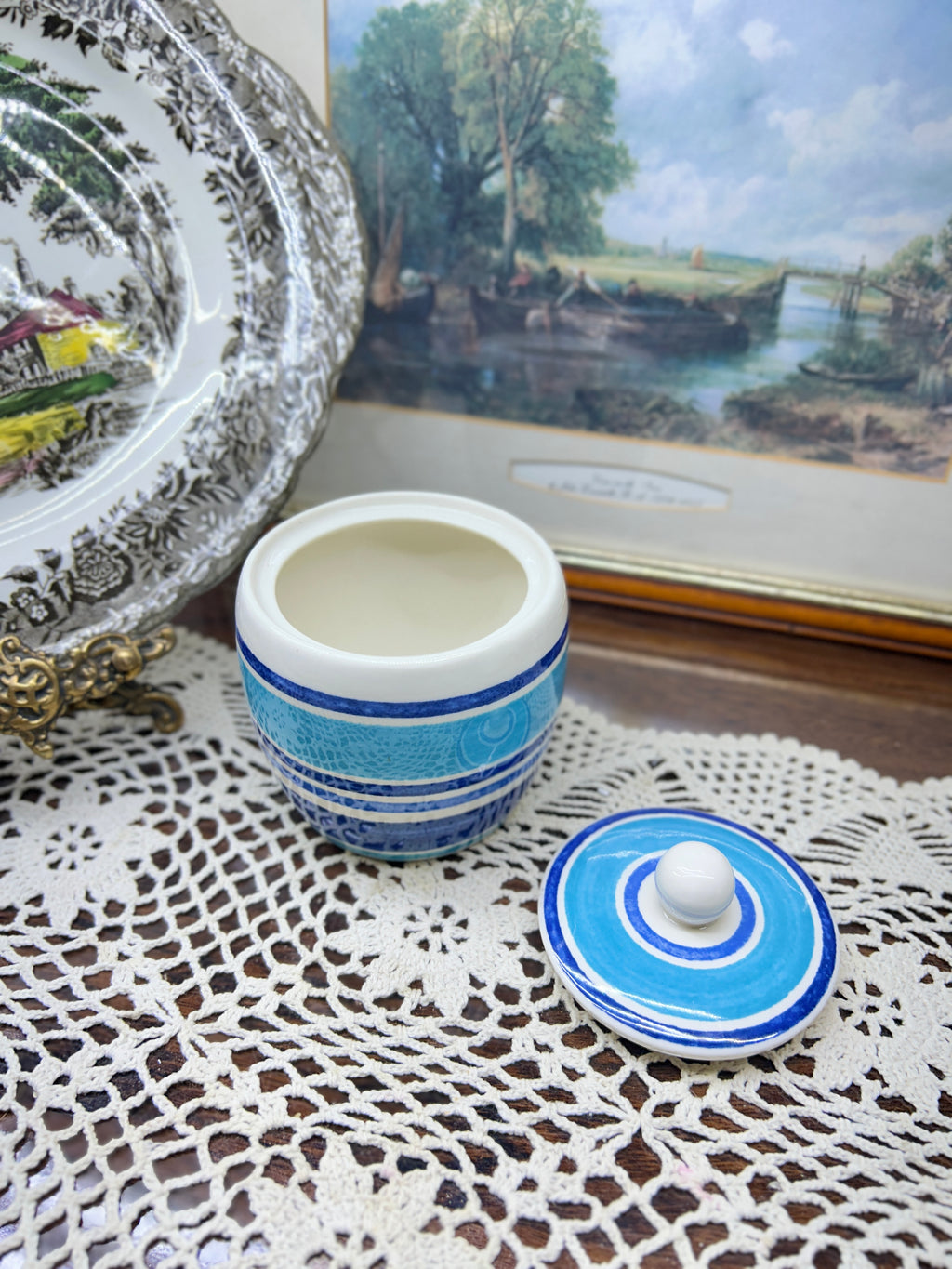 Johnson brothers “Farmhouse” hand-painted blue stripe pattern jar