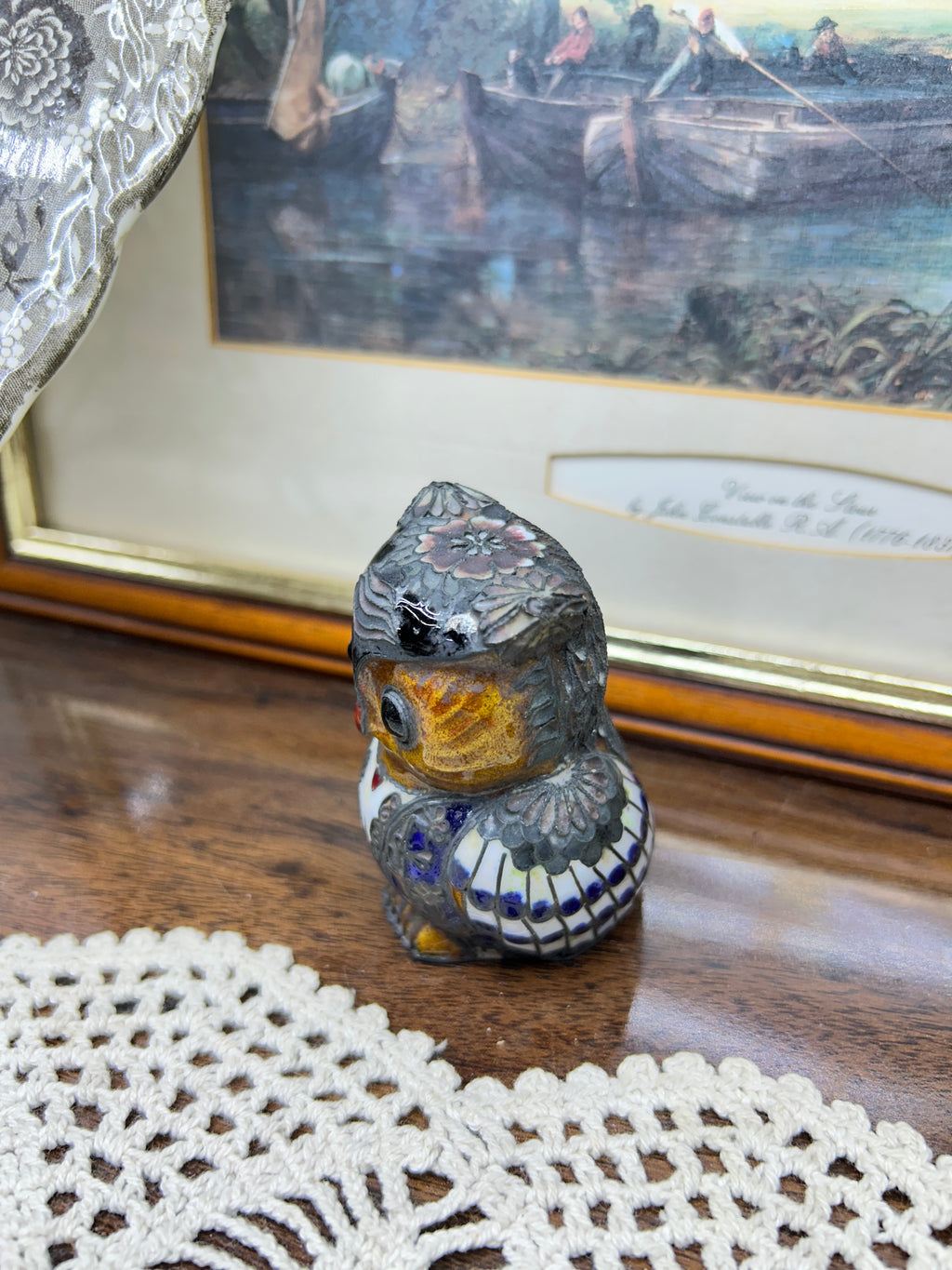 Vintage ceramic & brass engraved collectible owl figurine 3”