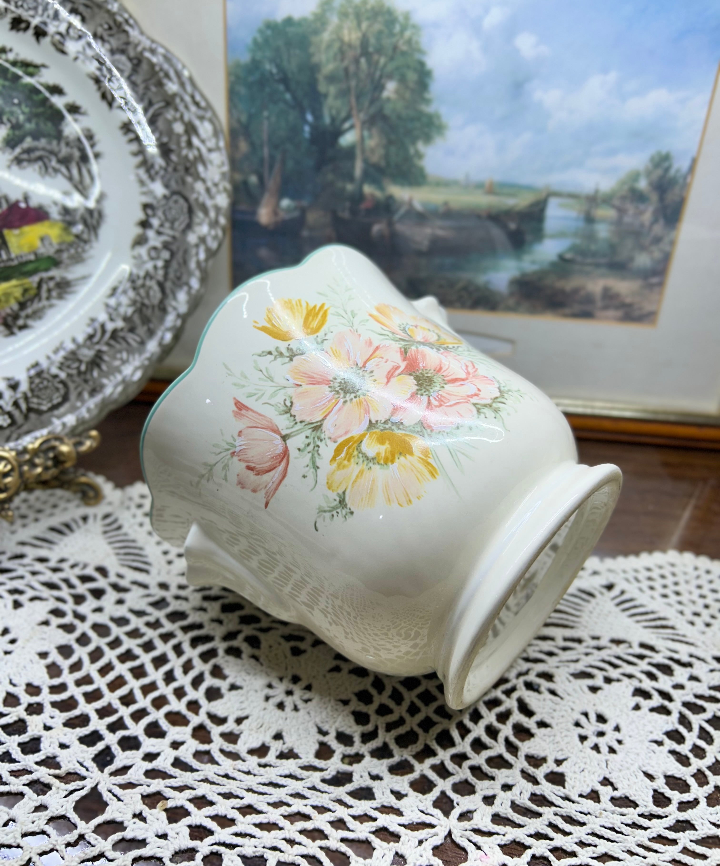 vintage St Michael ceramic planters featuring an “anemone” floral design — PAIR