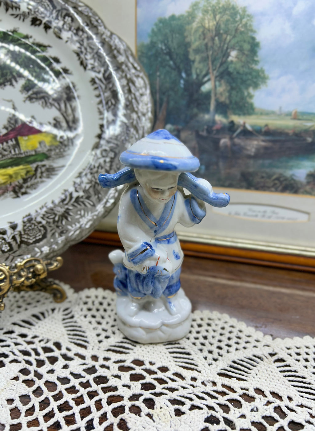 Vintage Blue and White Porcelain Chinese Fisherman figurine