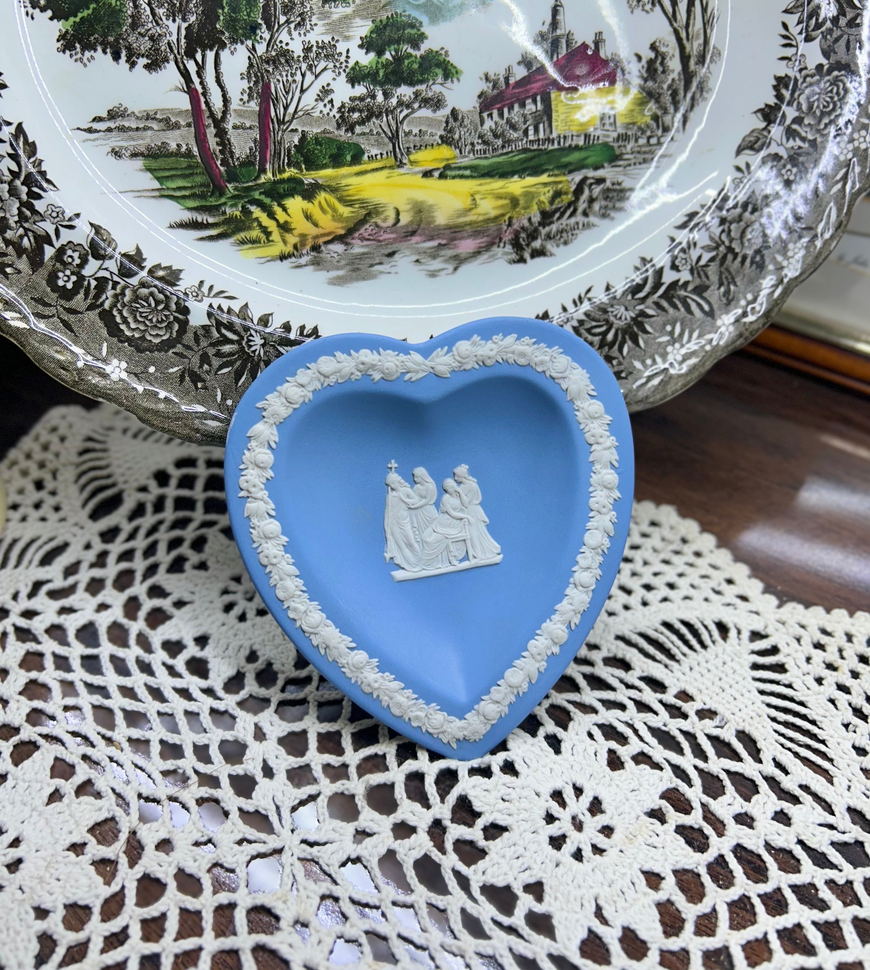 Vintage blue Wedgwood Jasperware heart-shaped trinket dish — with white classical relief figures.
