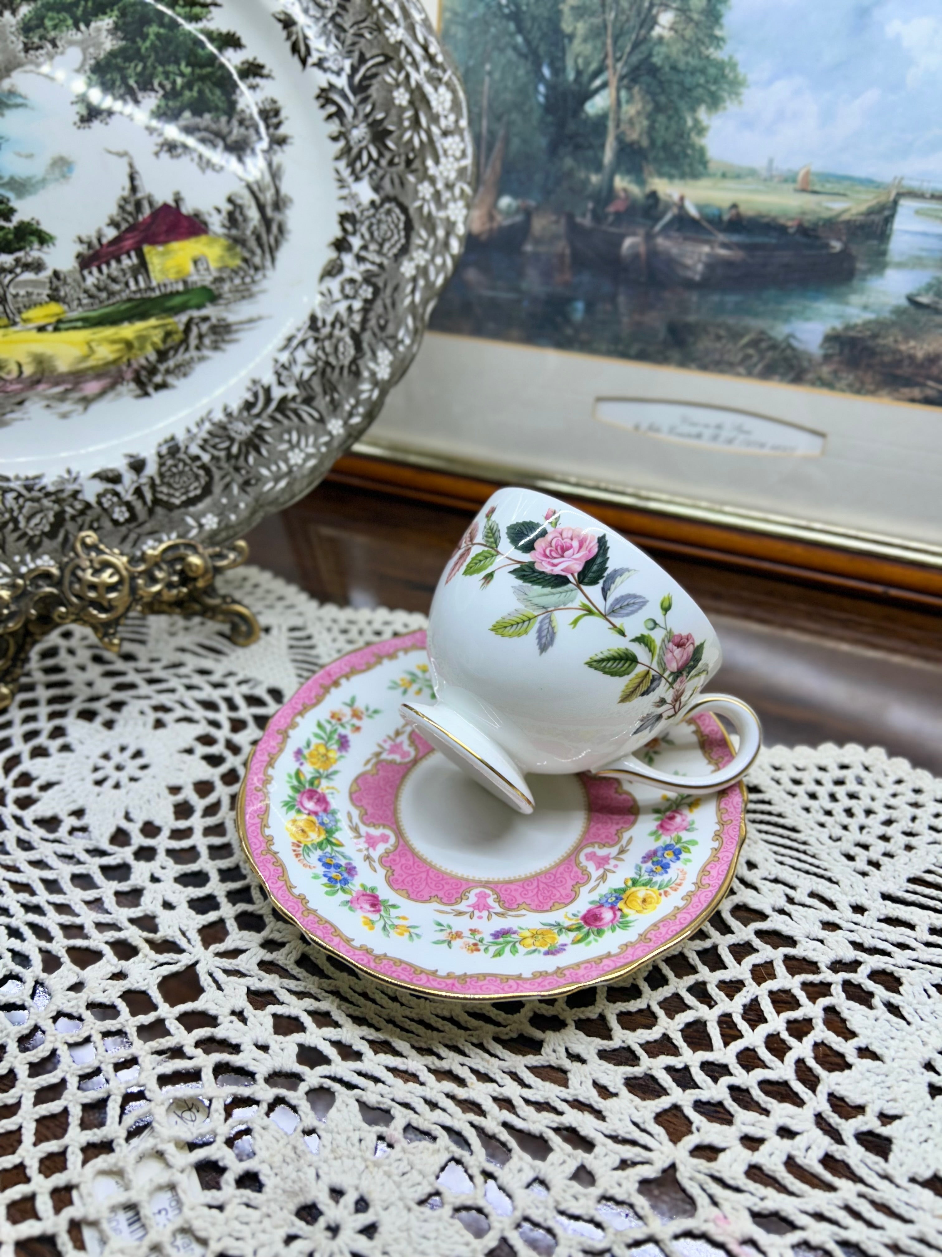 vintage Wedgwood Hathaway Rose footed teacup and saucer set —England