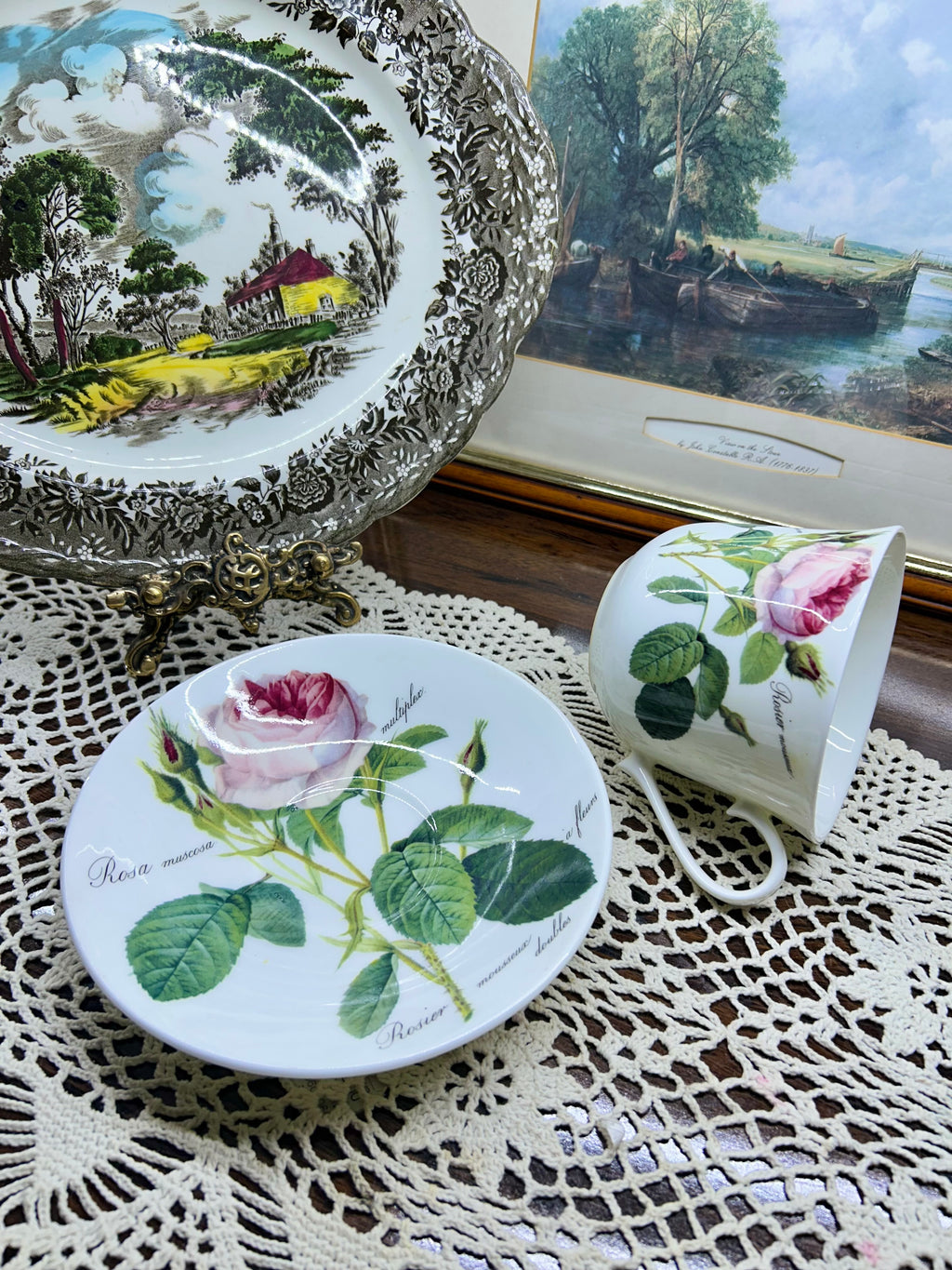 Vintage Roy Kirkham “Redouté Roses” Large Pink Moss Rose Teacup & Saucer— England