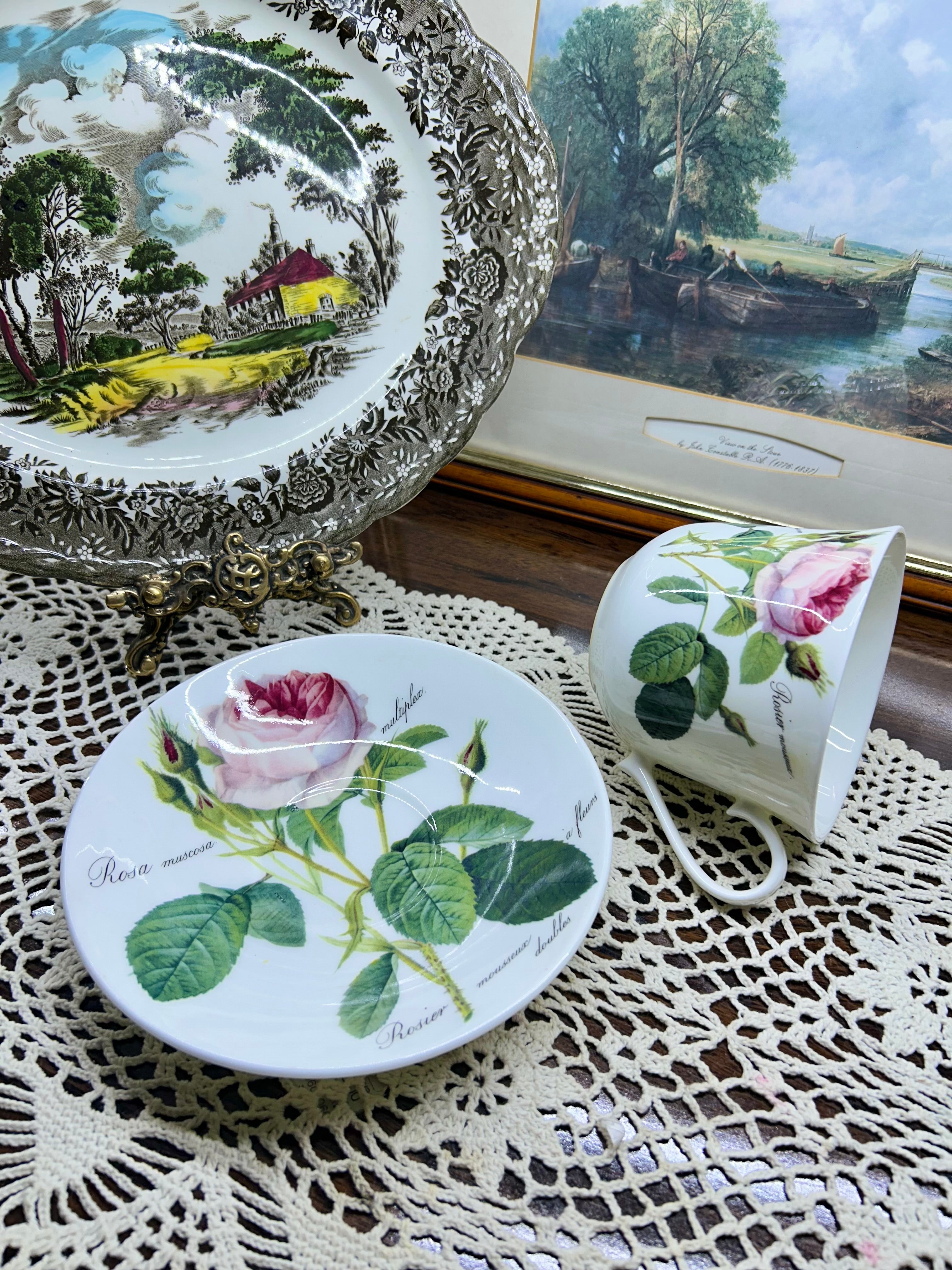Vintage Roy Kirkham “Redouté Roses” Large Pink Moss Rose Teacup & Saucer— England