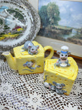 Vintage collectible hand-painted Swiss cheese tea serving set with mice figures