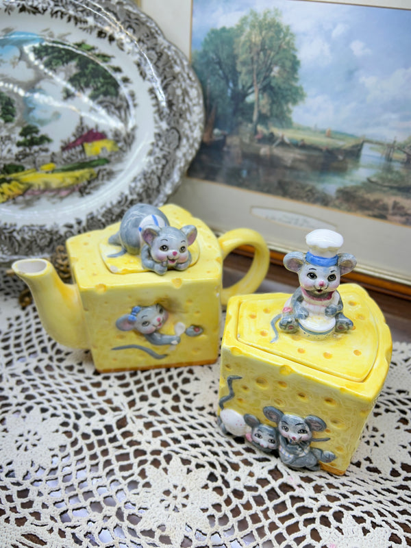 Vintage collectible hand-painted Swiss cheese tea serving set with mice figures