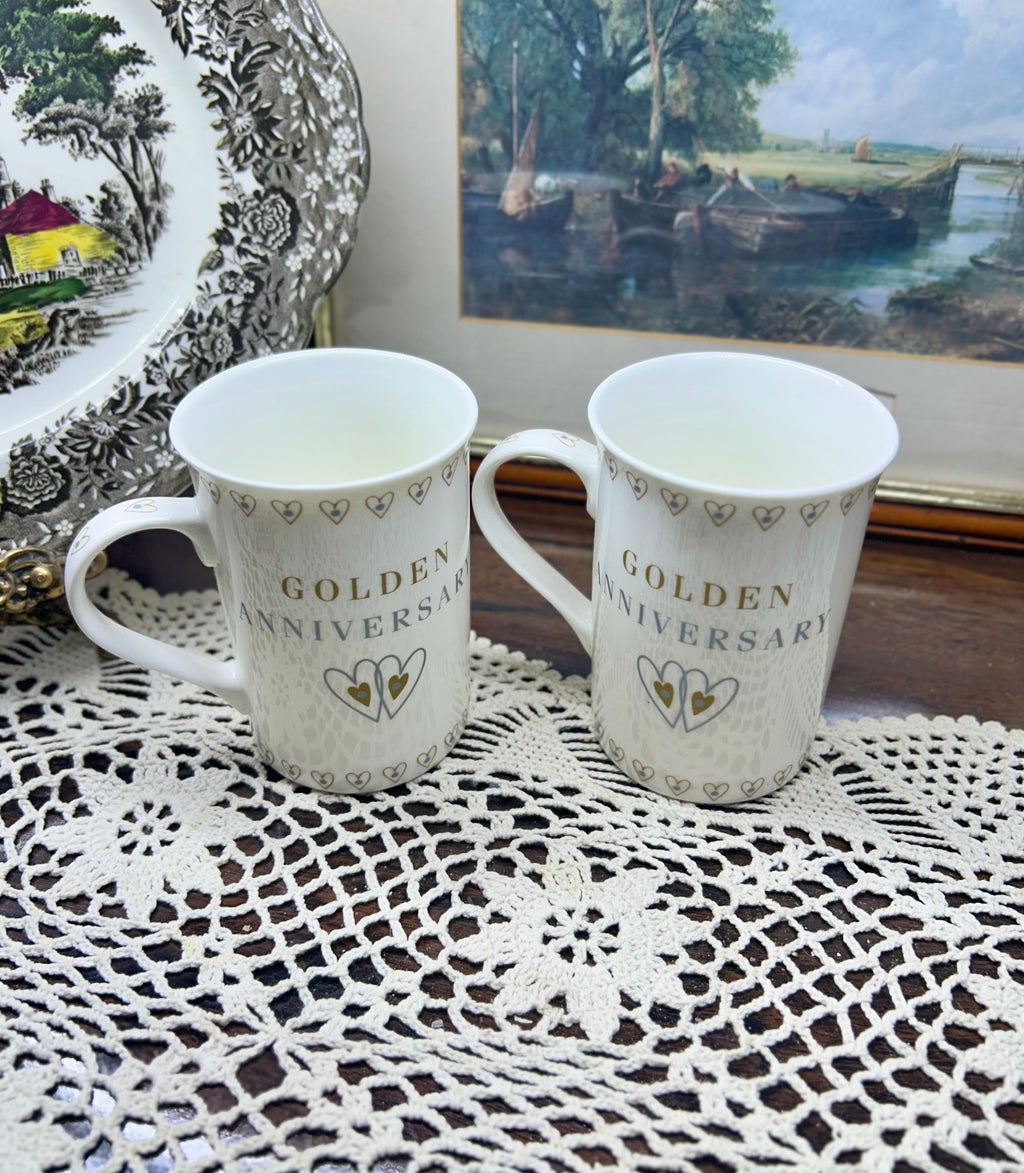 Gold anniversary tea mugs gift set — PAIR ceramic
