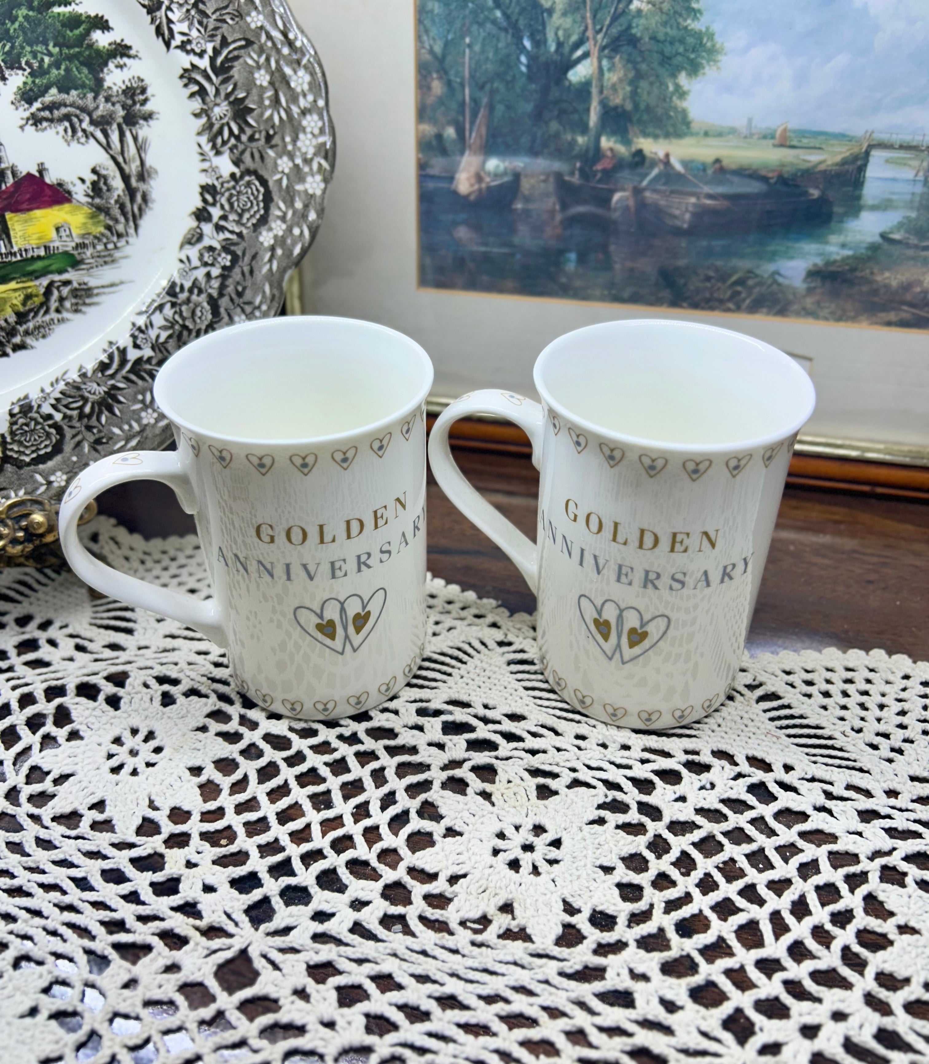 Gold anniversary tea mugs gift set — PAIR ceramic