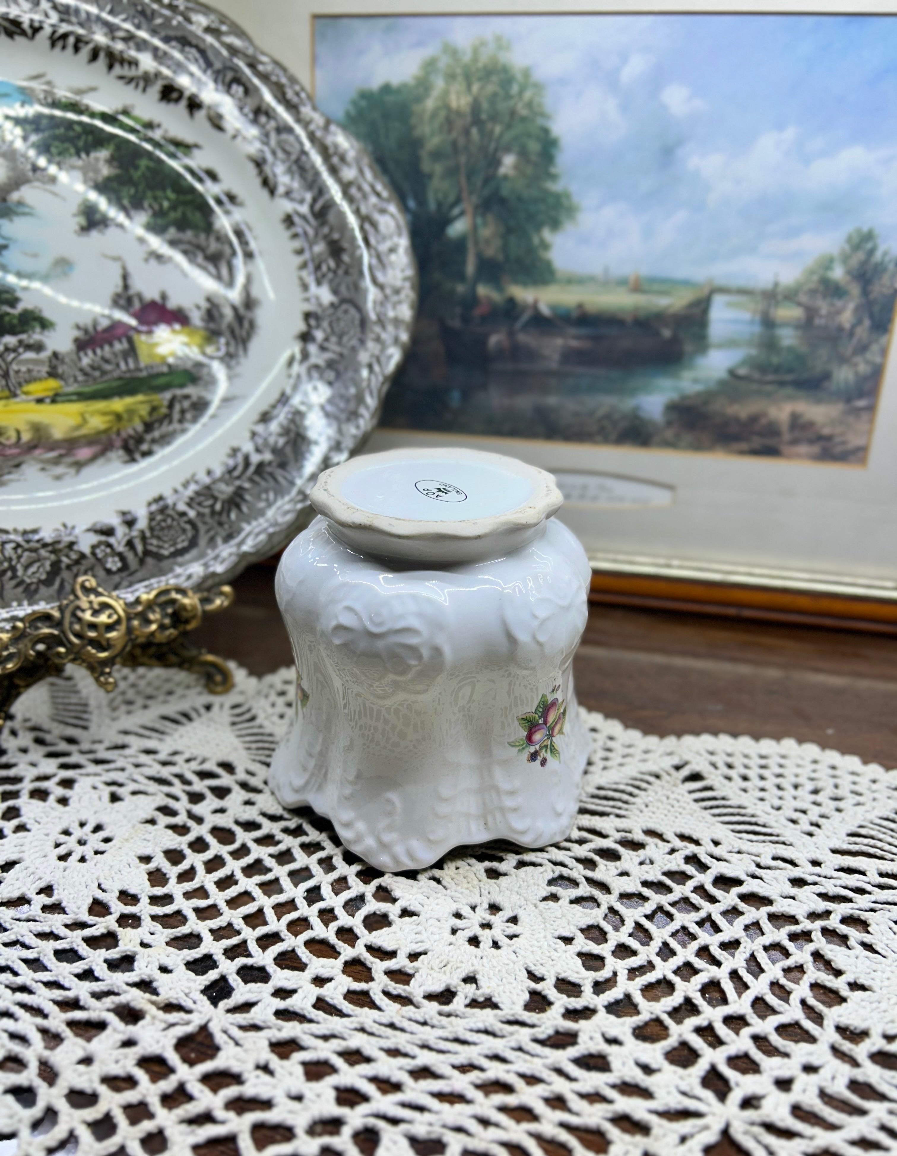 Vintage decorative porcelain floral planter pot with gold trim — England