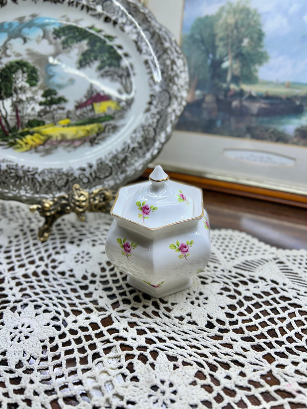 Vintage preserve pot with pink rose pattern and gold rim — England