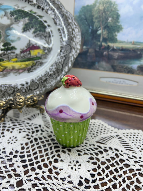 Ceramic hand-painted Strawberry cupcake trinket box