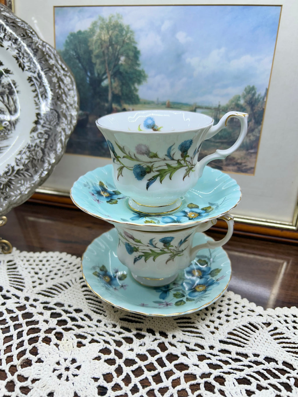Royal Albert “Brigadoon” teacup and saucer set, featuring a Scottish thistle pattern