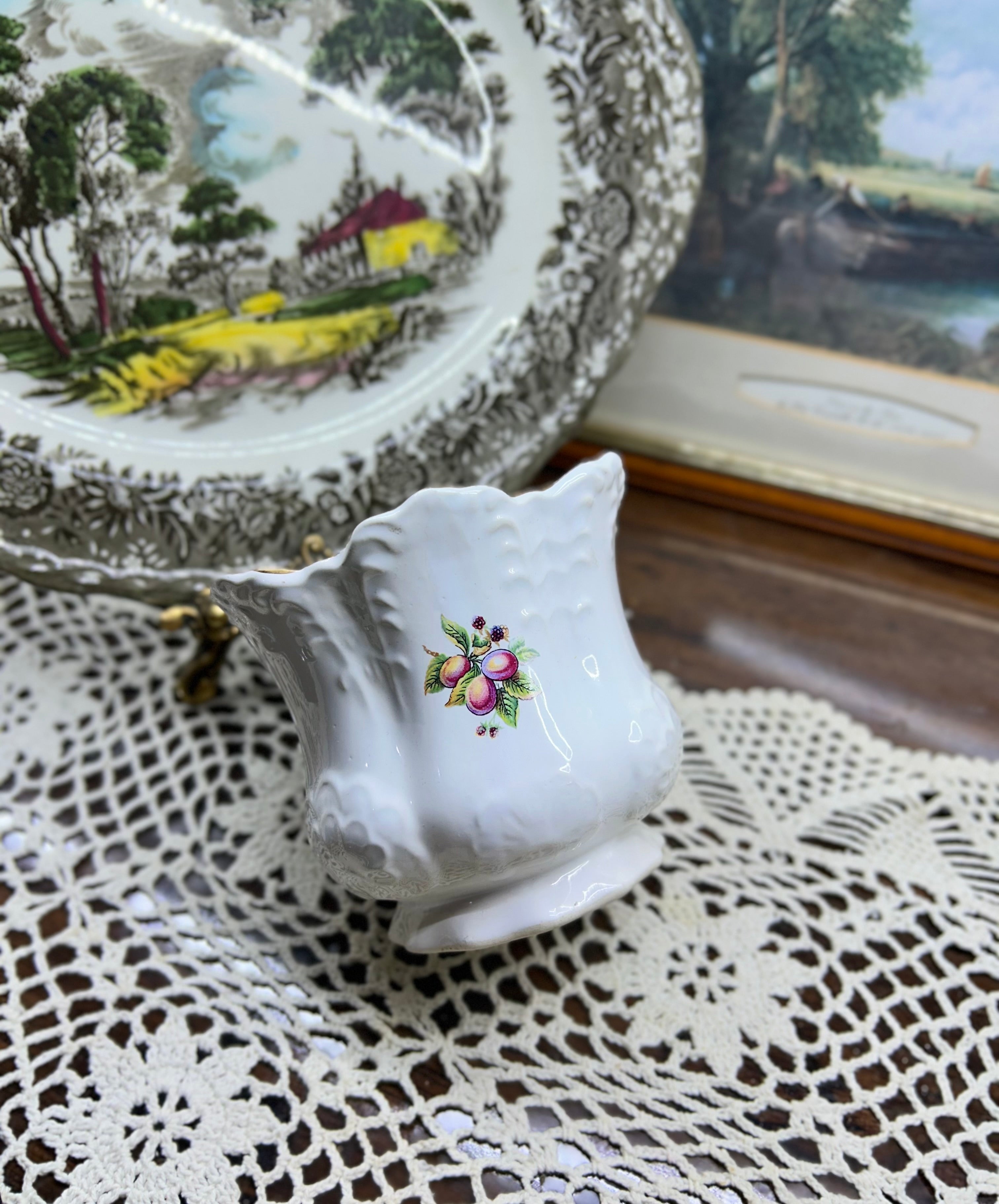 Vintage decorative porcelain floral planter pot with gold trim — England
