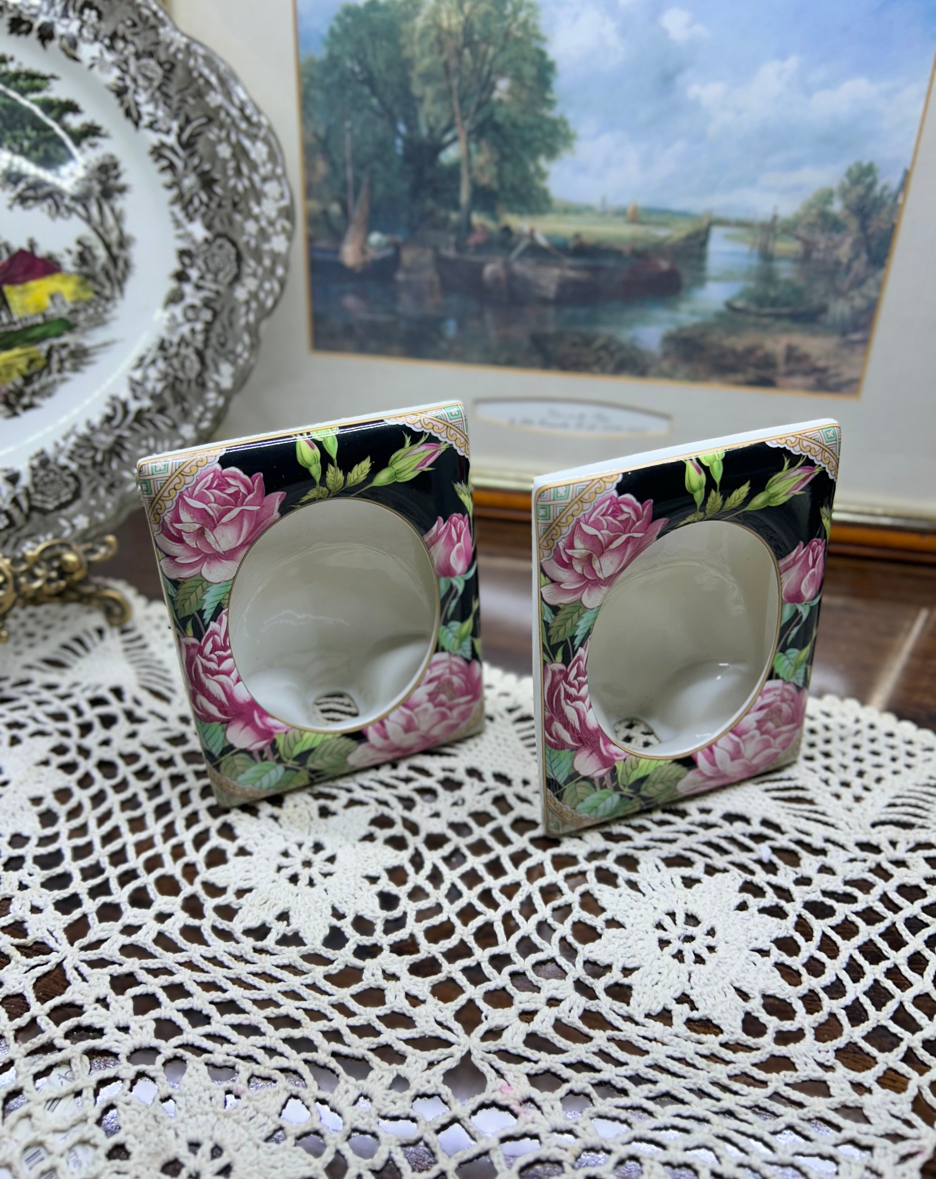 Vintage Lefton China porcelain picture frames with a hand-painted pink rose design — Set of 2 JAPAN