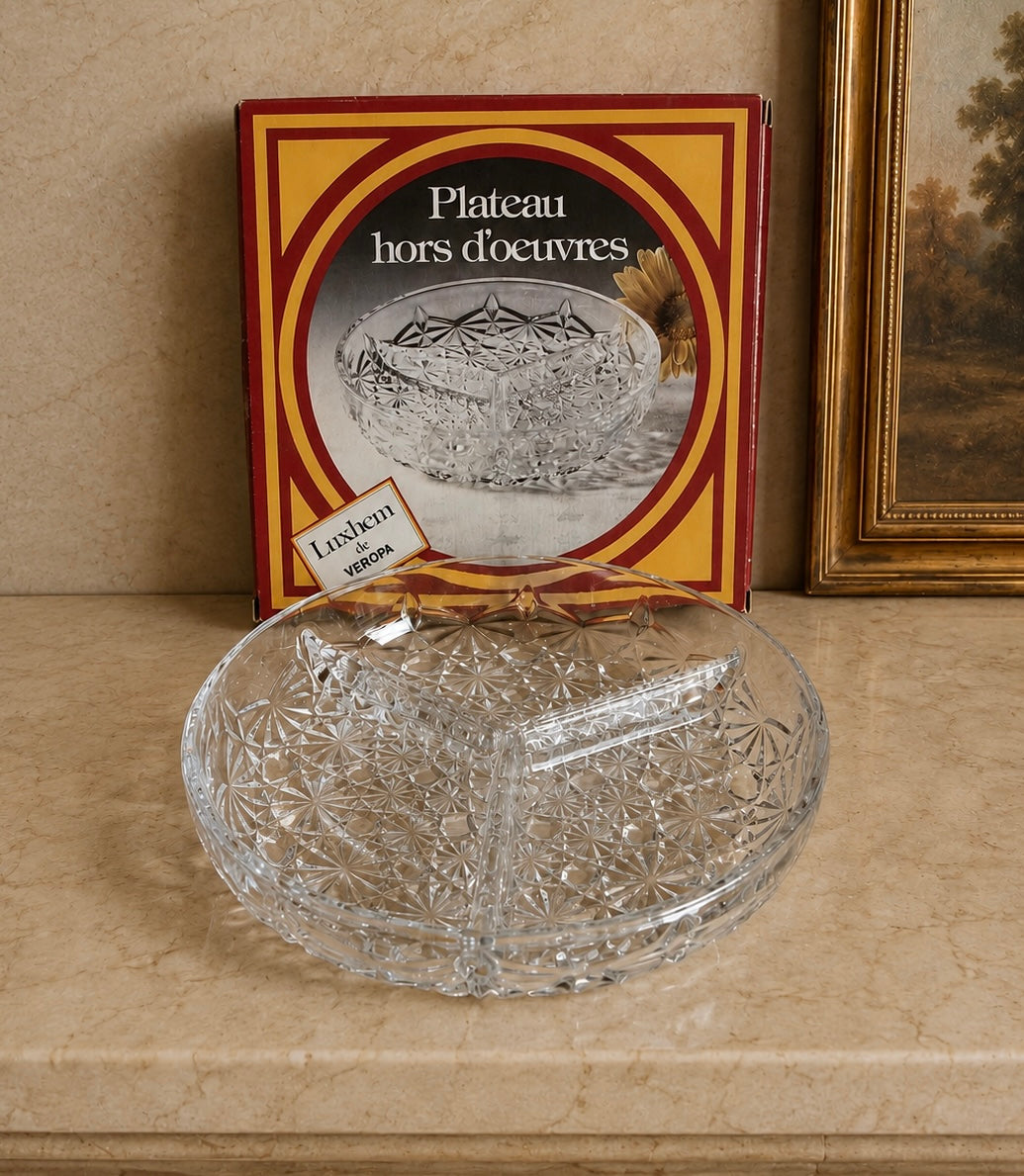 French Crystal Cut Glass “Daisy & button” divided dish — Boxed
