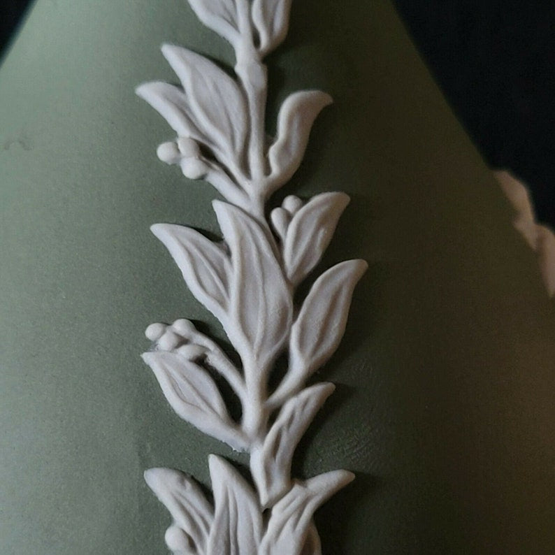 Vintage Wedgwood Jasperware Bud Vase Sage Green w Cherub & Floral Design 5”