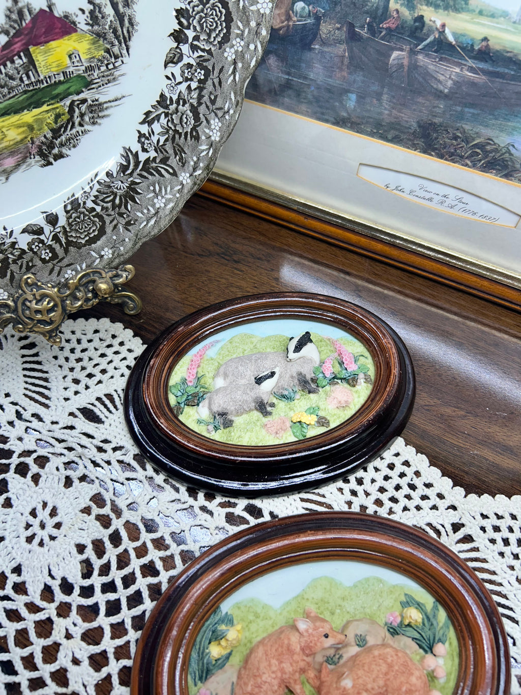 vintage PAIR OF collectible wall plaques ceramic, featuring felted or sculpted designs of British wildlife