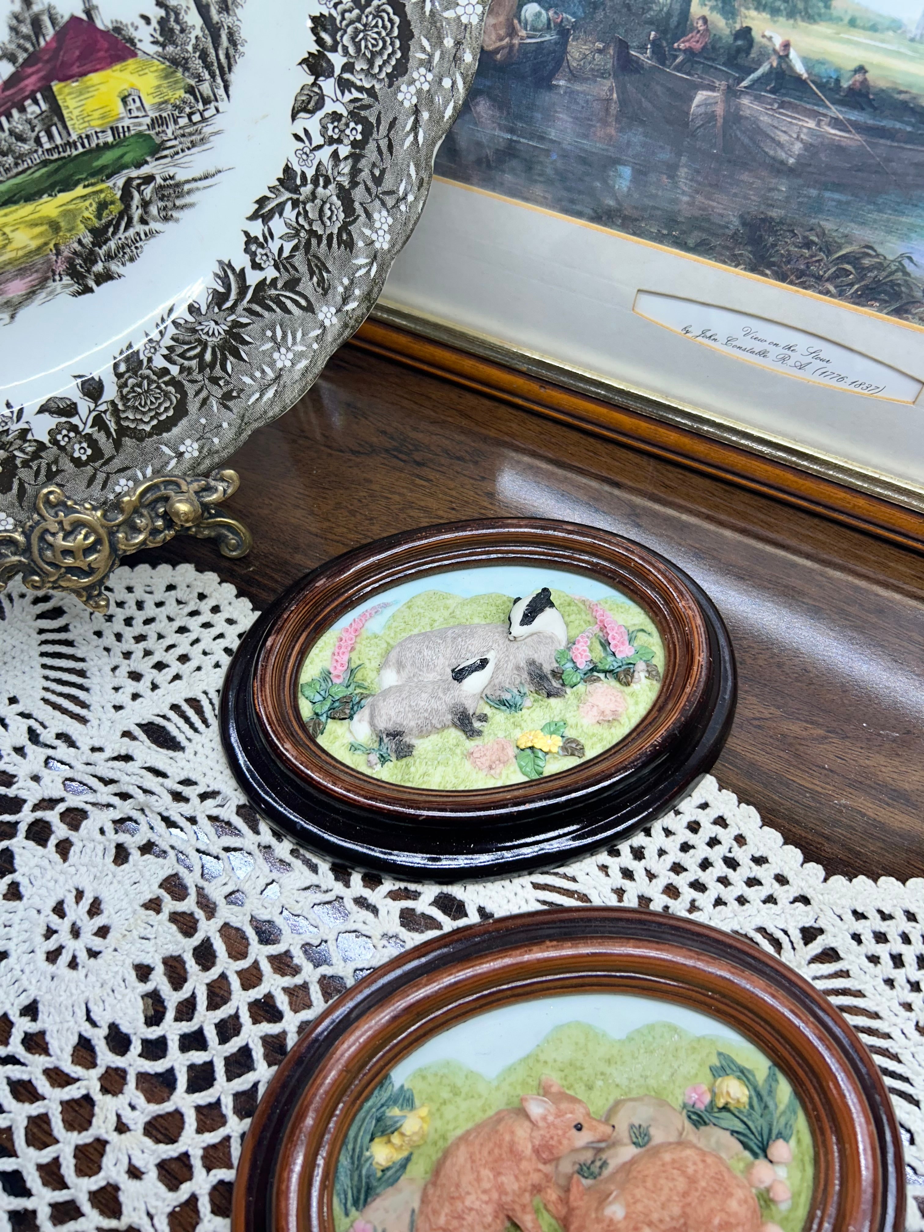 vintage PAIR OF collectible wall plaques ceramic, featuring felted or sculpted designs of British wildlife