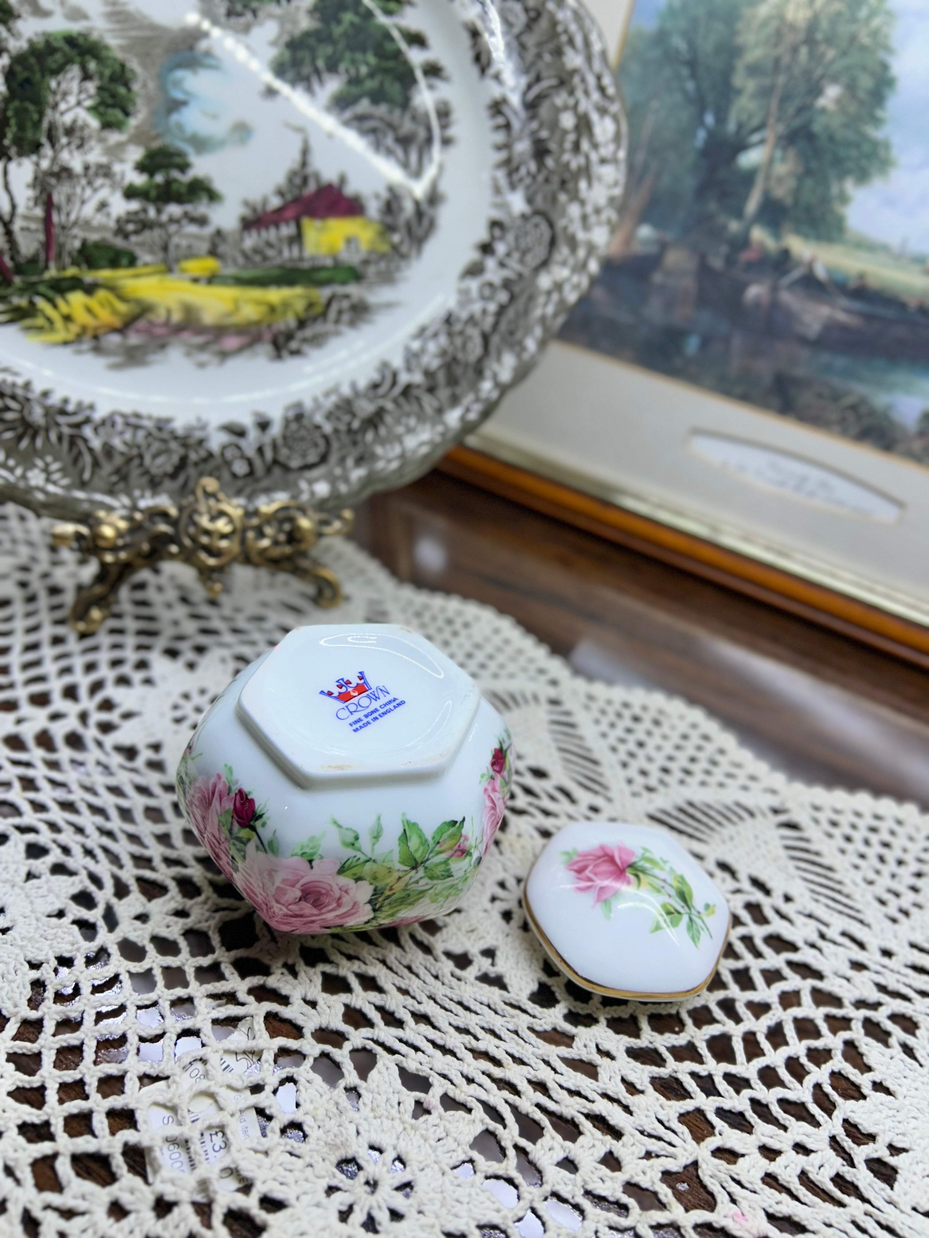 Vintage crown floral preserve pot — England