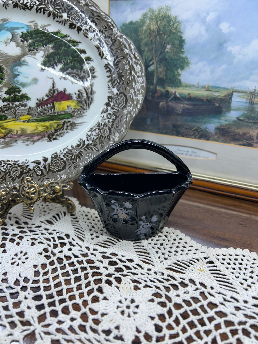 vintage black glass basket vase — Art deco