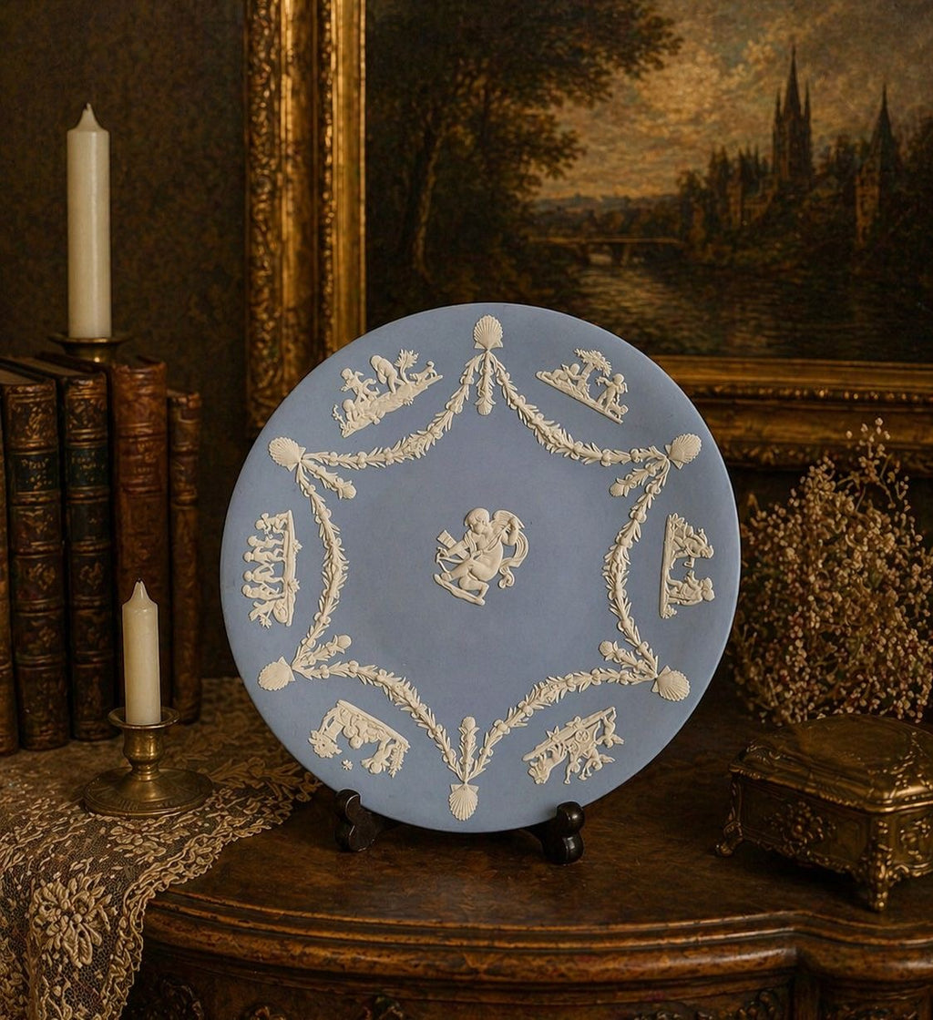 Vintage Wedgwood blue jasperware display plate — featuring classical white bas-relief cherub scenes (RARE FIND)