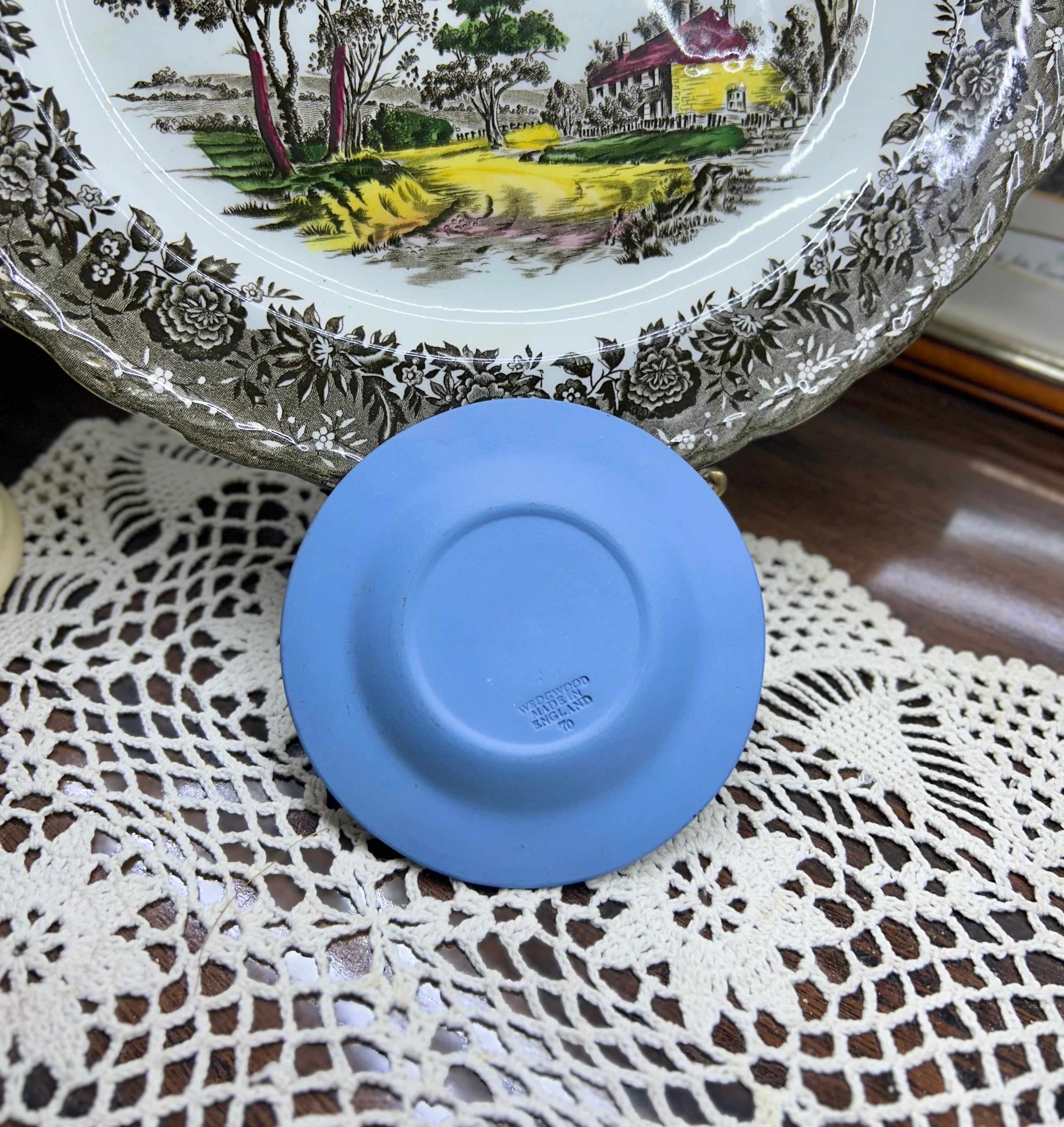 Vintage Wedgwood blue Jasperware ashtray — featuring white relief designs.