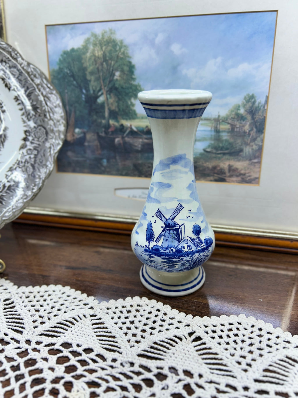 Vintage Delft Blue Holland porcelain vase, hand-painted with a Dutch windmill landscape scene.