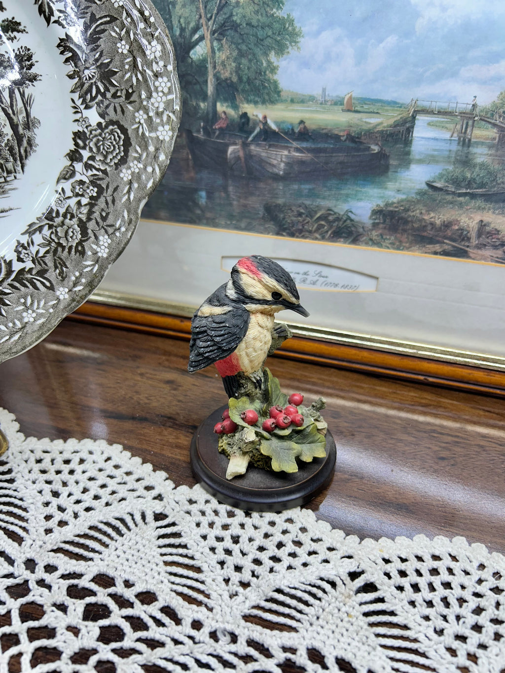 Vintage Hand Painted figurine “Country Artists “ Great Spotted Woodpecker With Hawthorne Berries 1999.