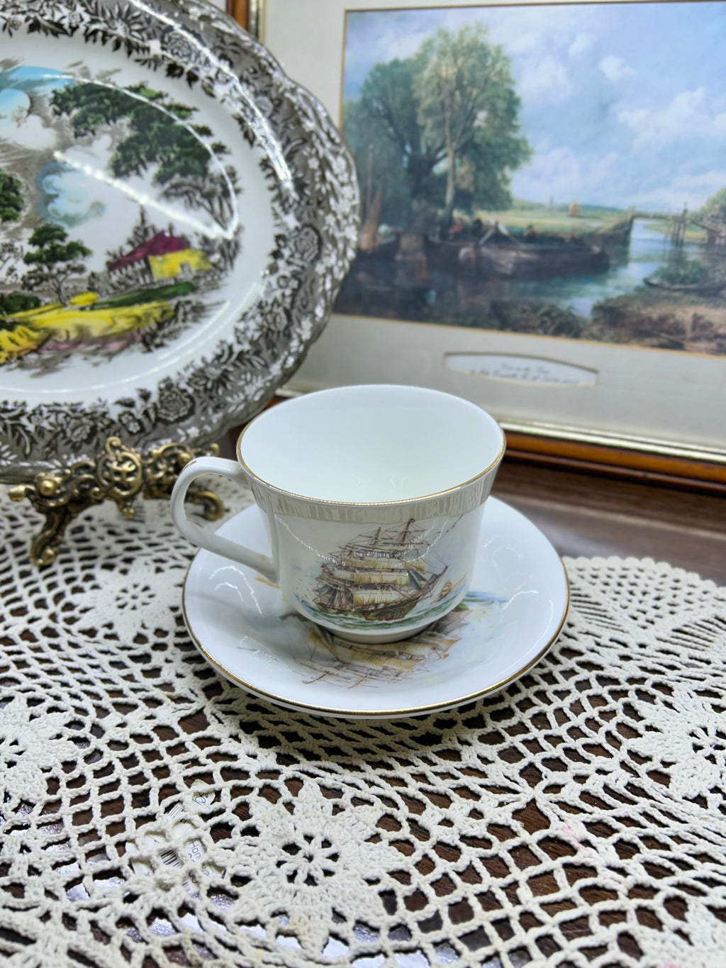 Vintage Elizabethan “sailing ship” large teacup and saucer set — England