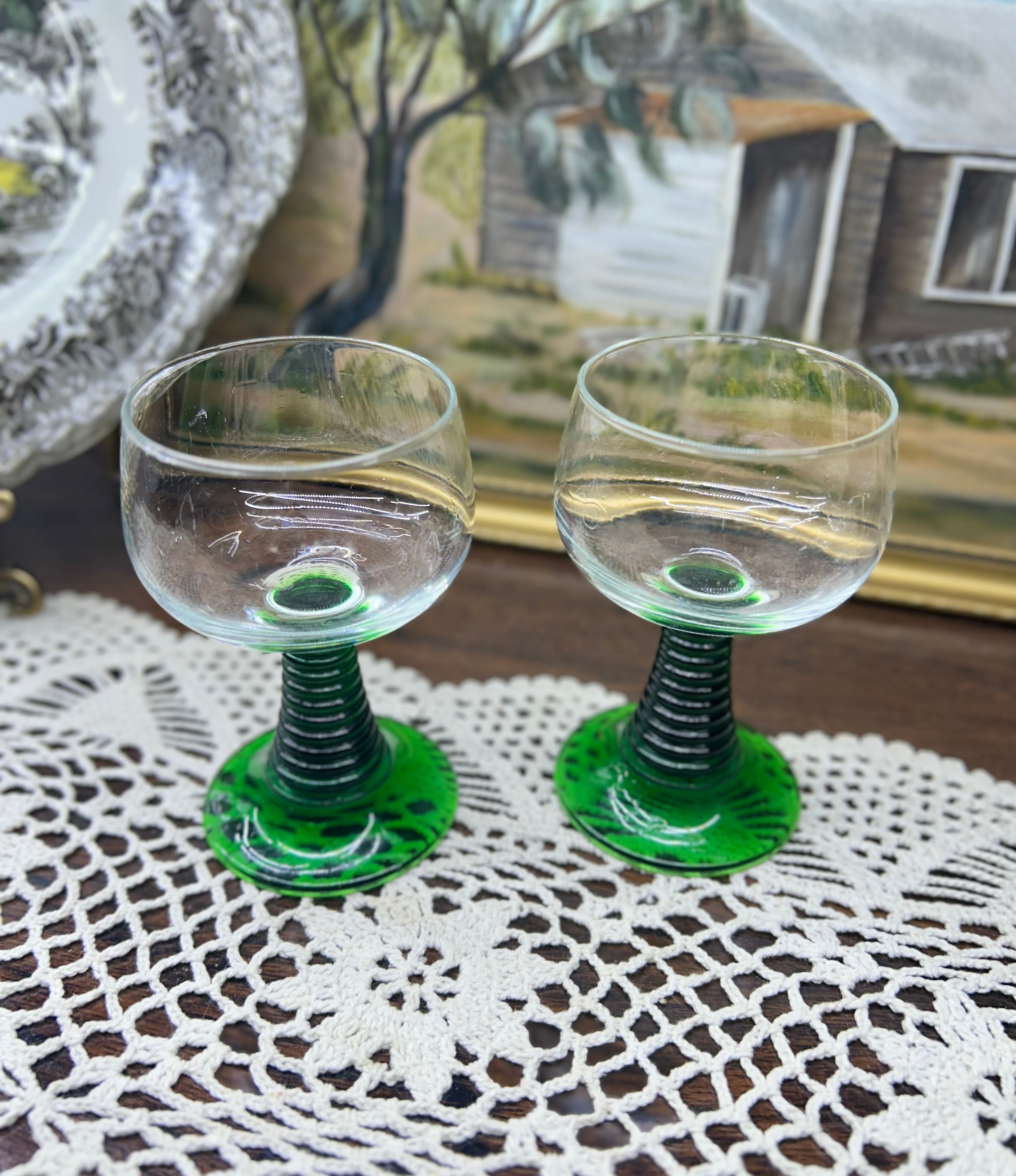 vintage Luminarc French "Römer" wine glasses with green ribbed beehive stems — Set of 2