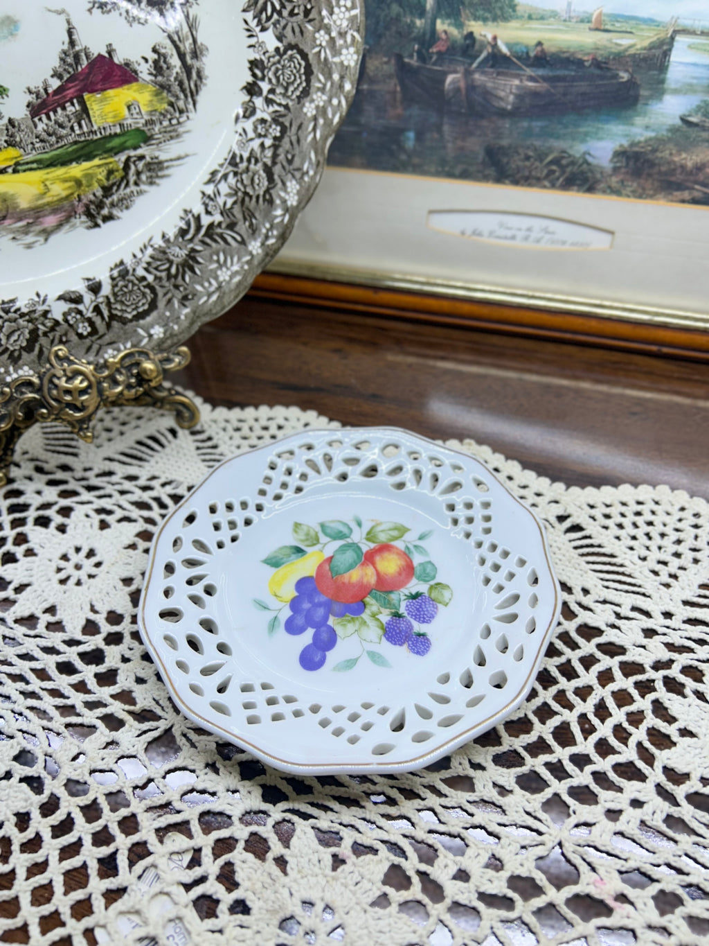 Vintage reticulated decorative handpainted Cutwork plate