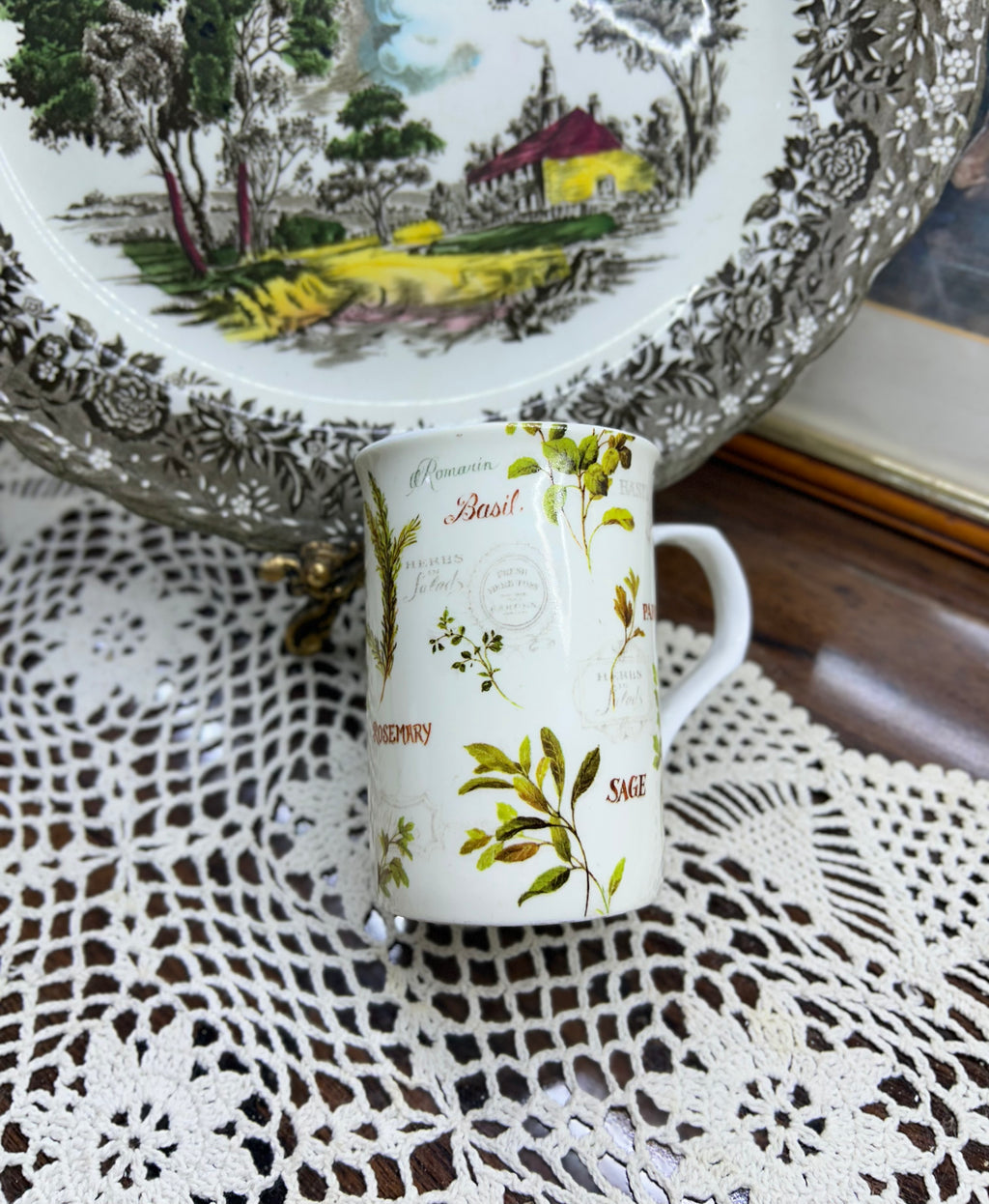 Botanical herb garden design tea mug — fine bone China
