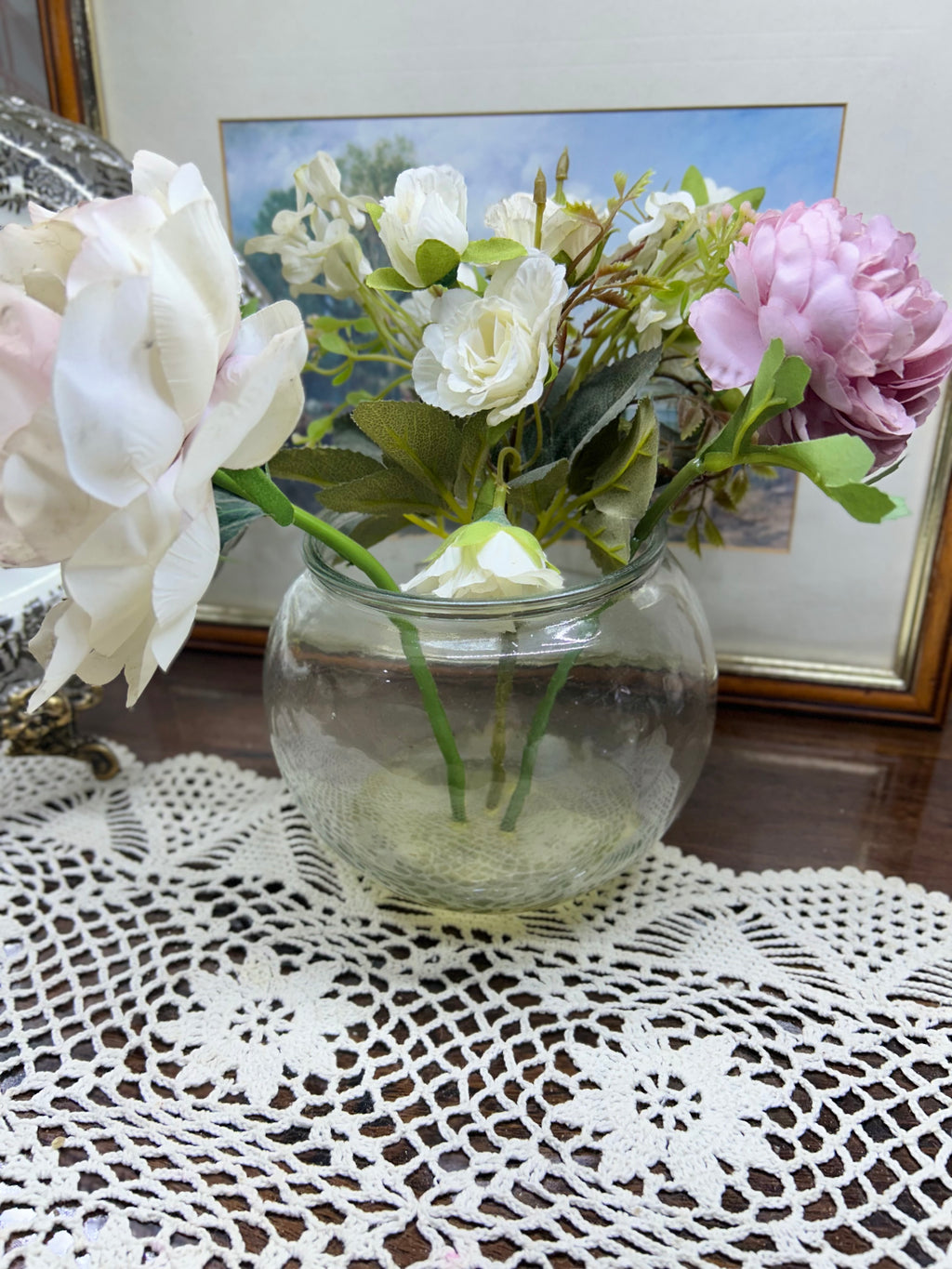 Decorative faux pink peonies & roses arrangement in gel glass vase